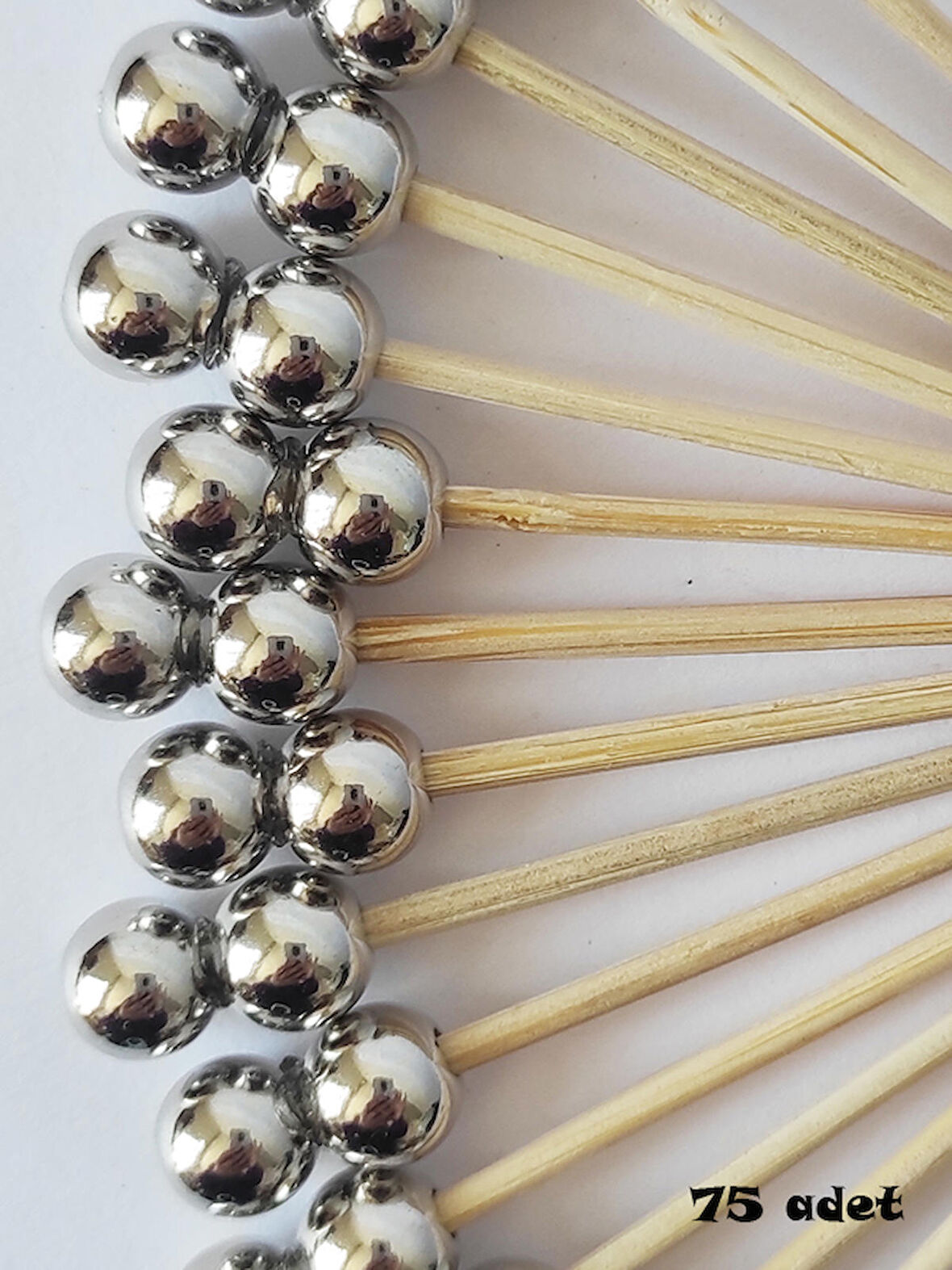75 Adet Dekoratif Gümüş Çift İncili Pasta Kürdan 6 cm - İnci 8 mm