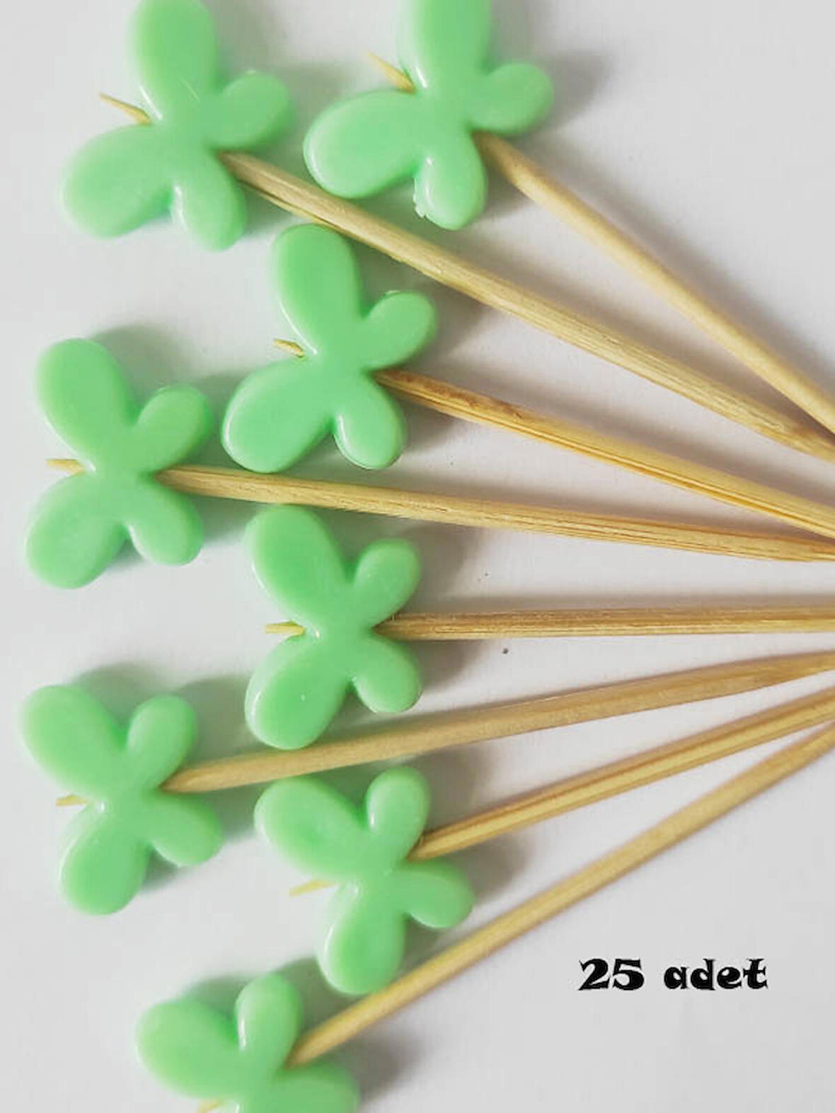 25 Adet Dekoratif Kelebek Boncuklu Pasta Kürdanı 6 cm Yeşil - Kelebek 15 mm