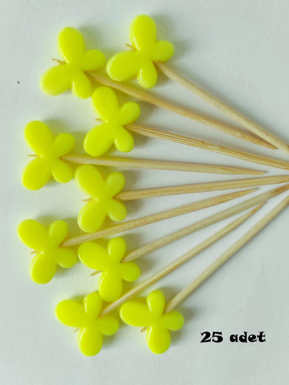 25 Adet Dekoratif Kelebek Boncuklu Sunum Kürdanı 6 cm Sarı - Kelebek 15 mm