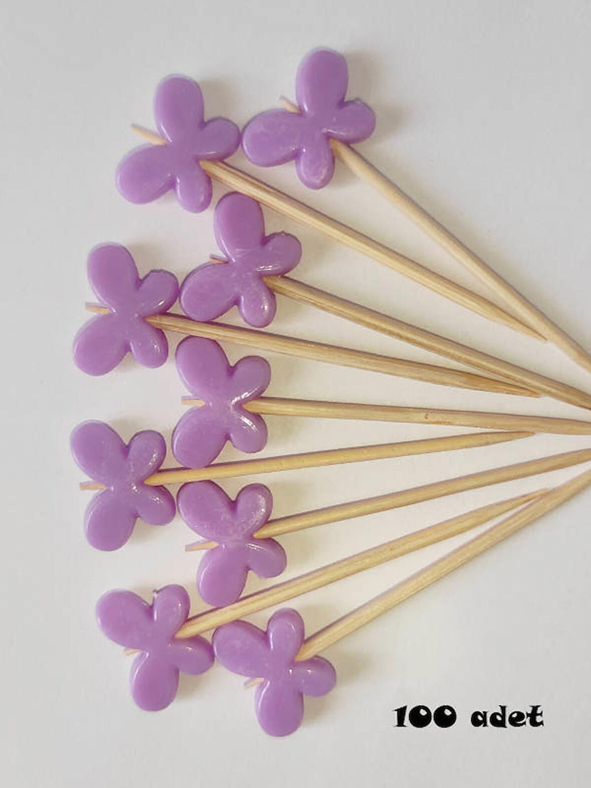 100 Adet Dekoratif Kelebek Boncuklu Cupcake Kürdanı 6 cm Mor - Kelebek 15 mm