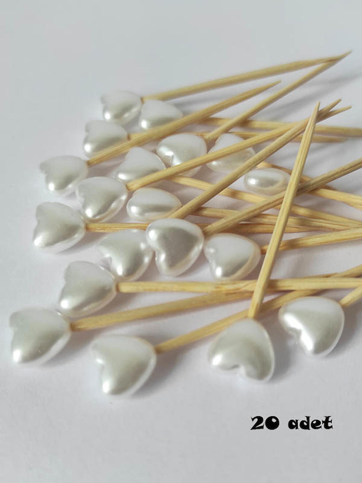 20 Adet Dekoratif Kalp İncili Pasta Kürdanı 6 cm - Kalp 10 mm - Nişan Söz Kalp Incili Kürdan