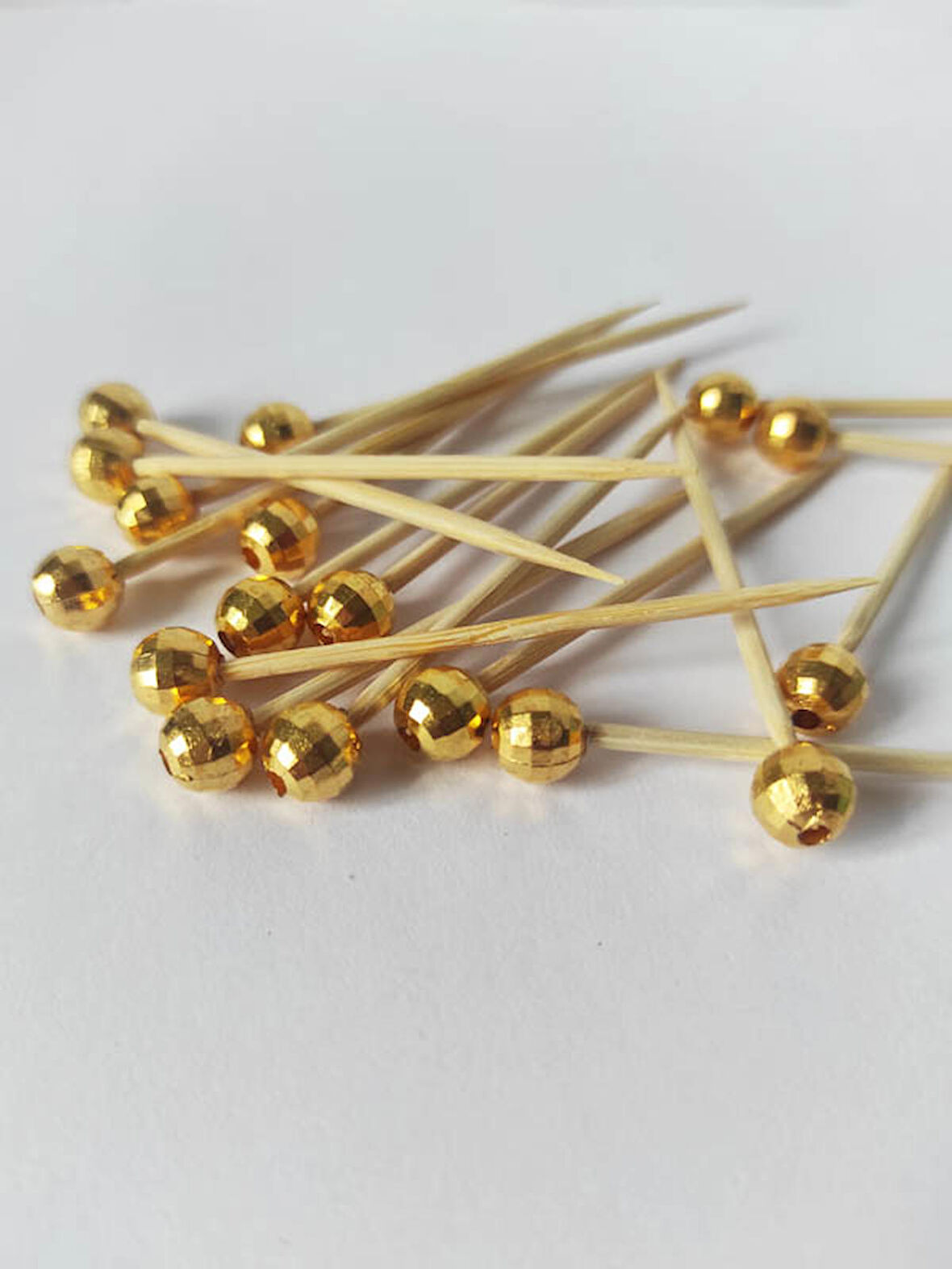 100 Adet Gold Dünya Boncuklu Pasta Kürdanı 6 cm -  Boncuk 8 mm - Disko Toplu Kanepe Kürdanı