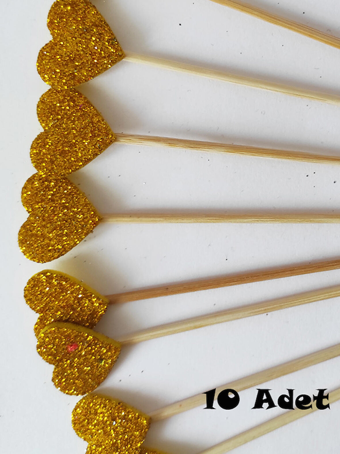15 cm Uzun Kürdan - 10 Adet Eva Gold Kalp Kokteyl Kürdanı - Kokteyl Karıştırıcı