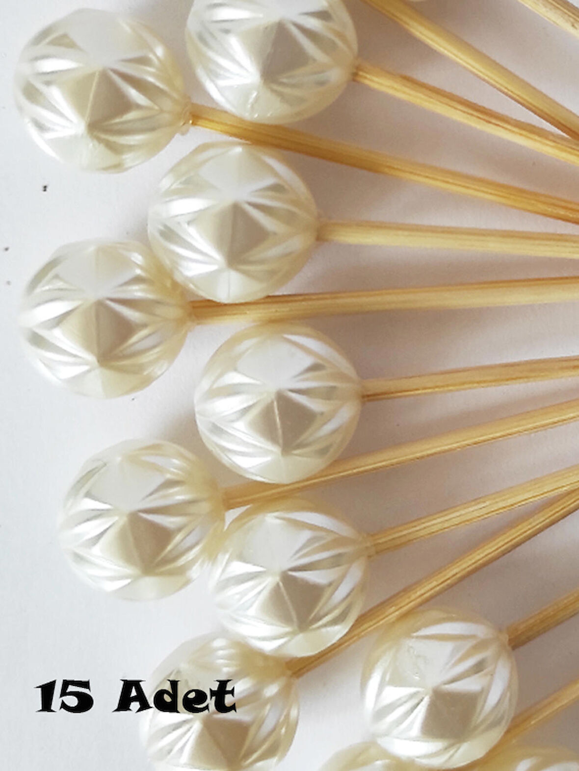 15 cm Uzun Kürdan - 15 Adet  İpek Yuvarlak İncili Pasta Kürdanı Krem - Kokteyl Karıştırıcı