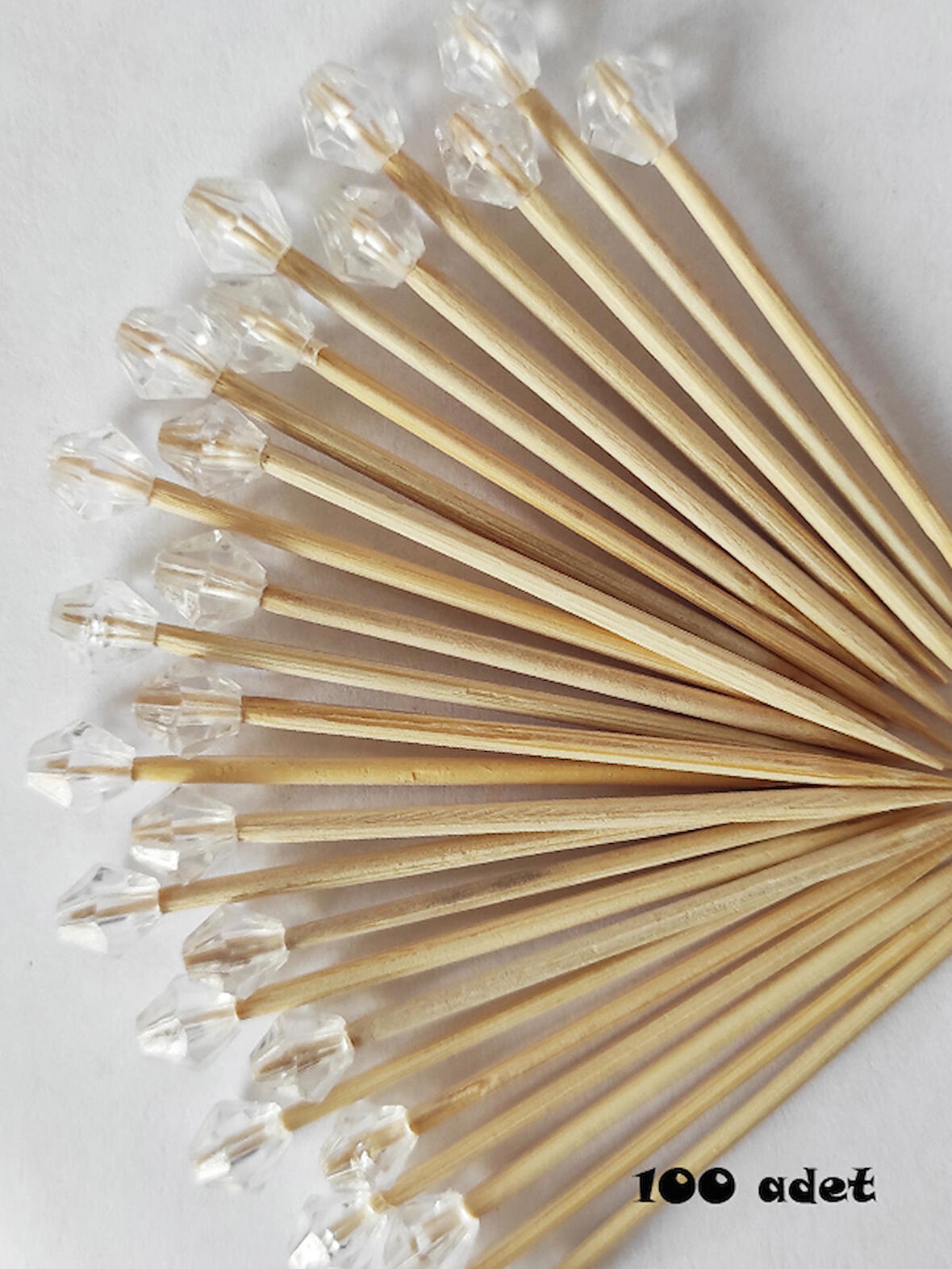 100 Adet Dekoratif Pırlanta Boncuklu Pasta Kürdanı 6 cm - Boncuk 7 mm