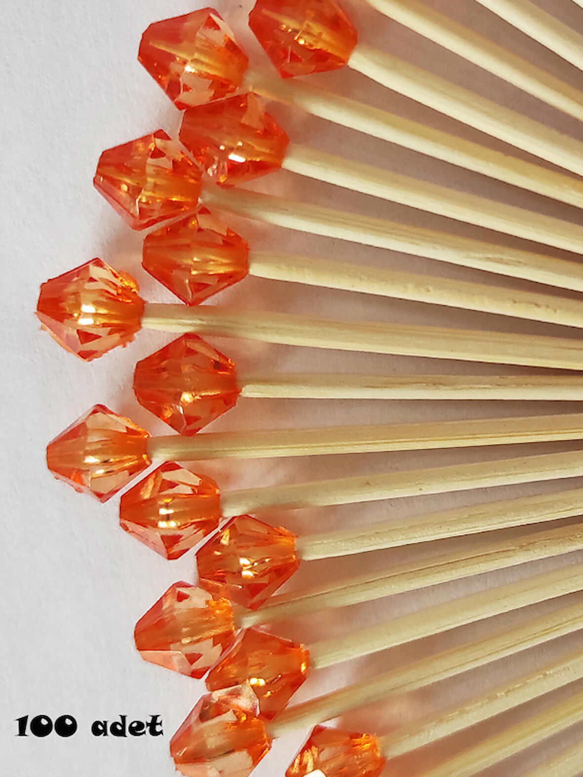 100 Adet Dekoratif Turuncu Pırlanta Boncuklu Pasta Kürdanı 6 cm - Boncuk 7 mm - Toothpick