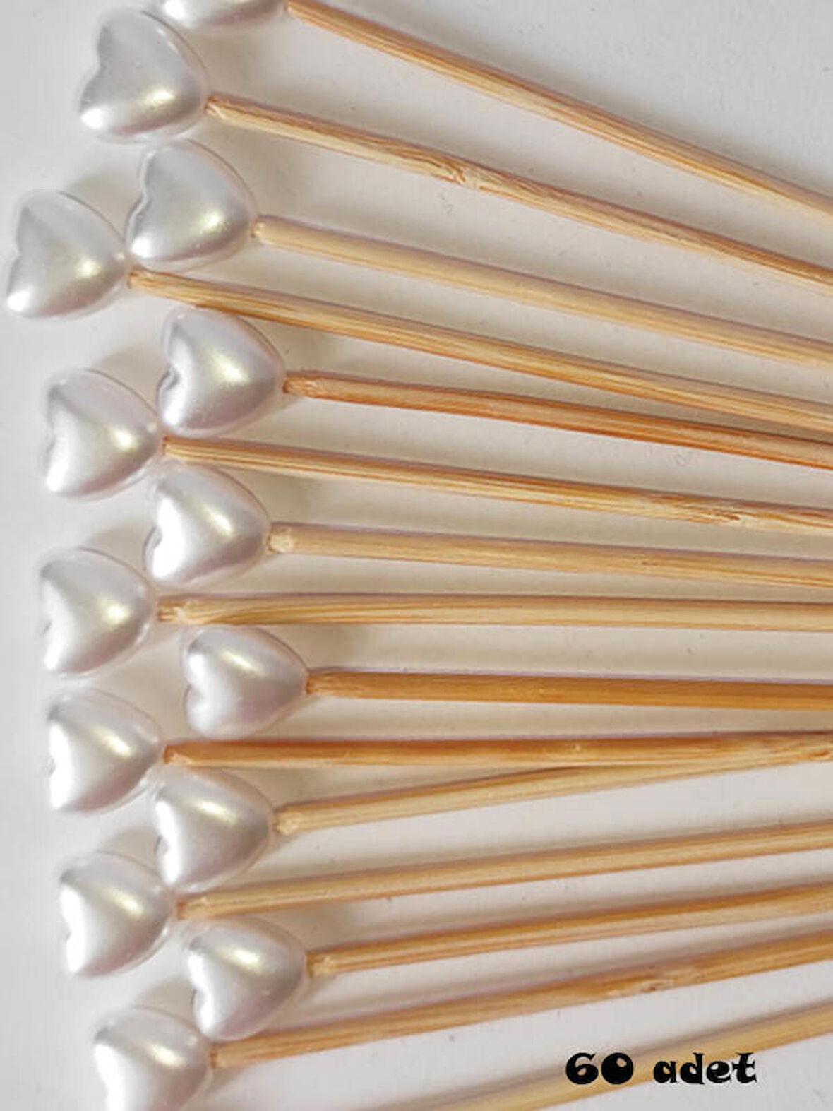 15 cm Uzun Kürdan - 60 Adet Kalp İnci Pasta Kürdanı - Nişan Söz Kalp Incili Kürdan