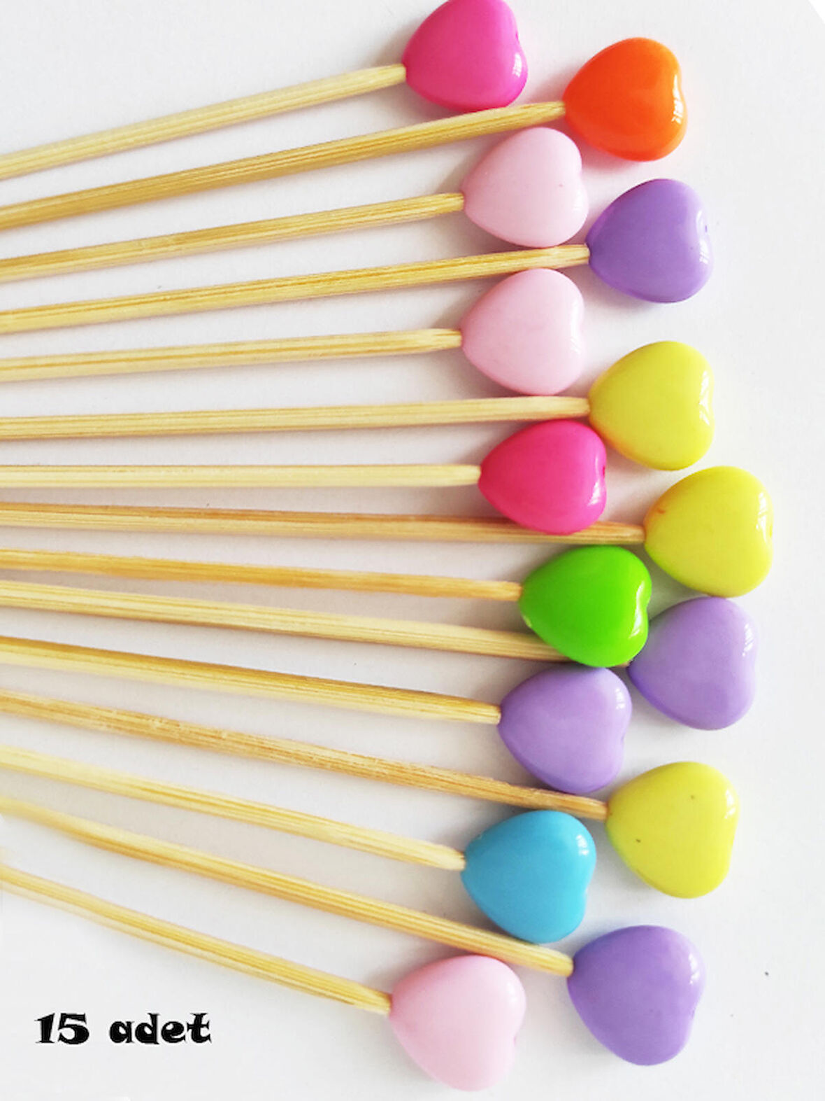 15 cm Uzun Kürdan - 15 Adet Renkli Kalp Boncuklu Pasta Kürdanı - Kokteyl Karıştırıcı