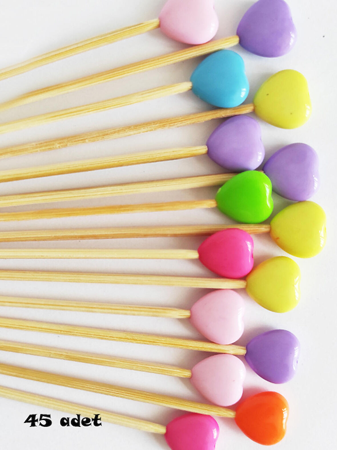 15 cm Uzun Kürdan - 45 Adet Renkli Kalp Boncuklu Pasta Kürdanı - Kokteyl Karıştırıcı