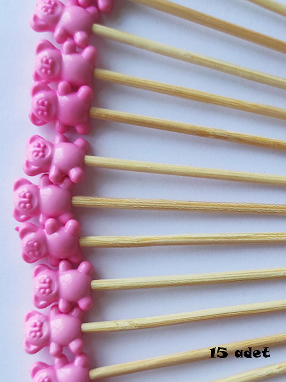 15 cm Uzun Pasta Kürdanı - 15 Adet Ayıcıklı Kokteyl Karıştırıcı Pembe 