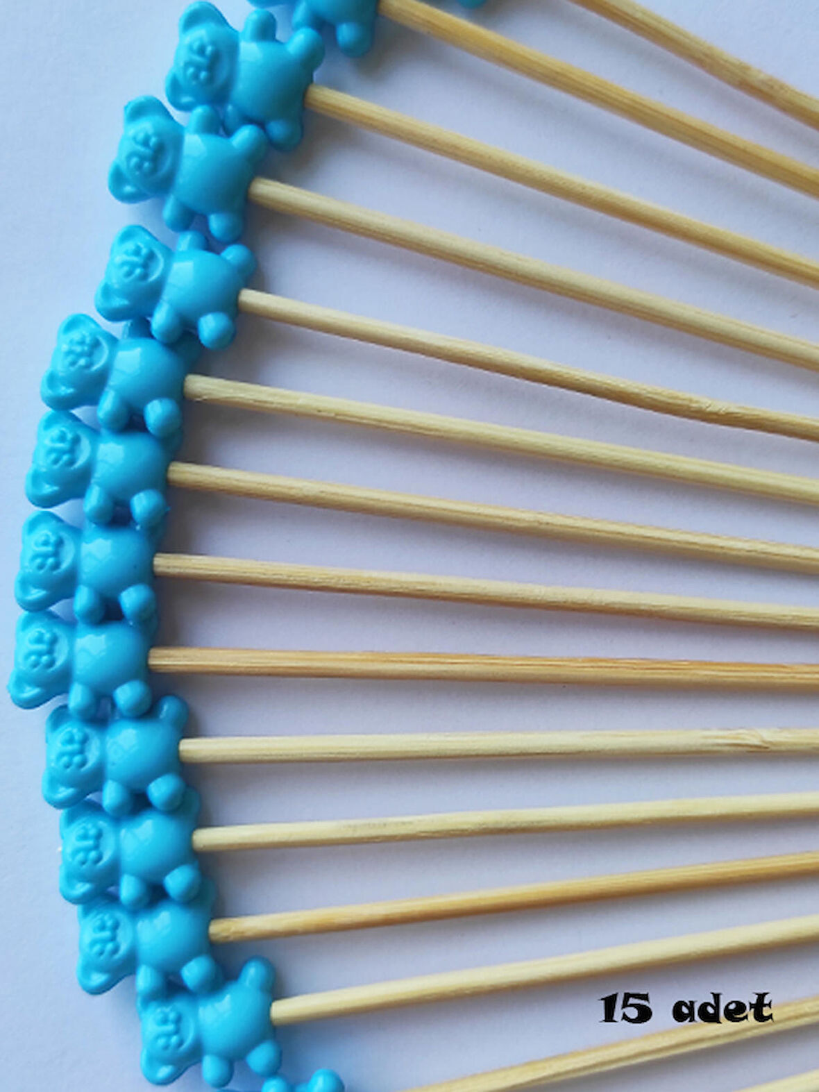 15 cm Uzun Pasta Kürdanı - 15 Adet Ayıcıklı Kokteyl Karıştırıcı Turkuaz