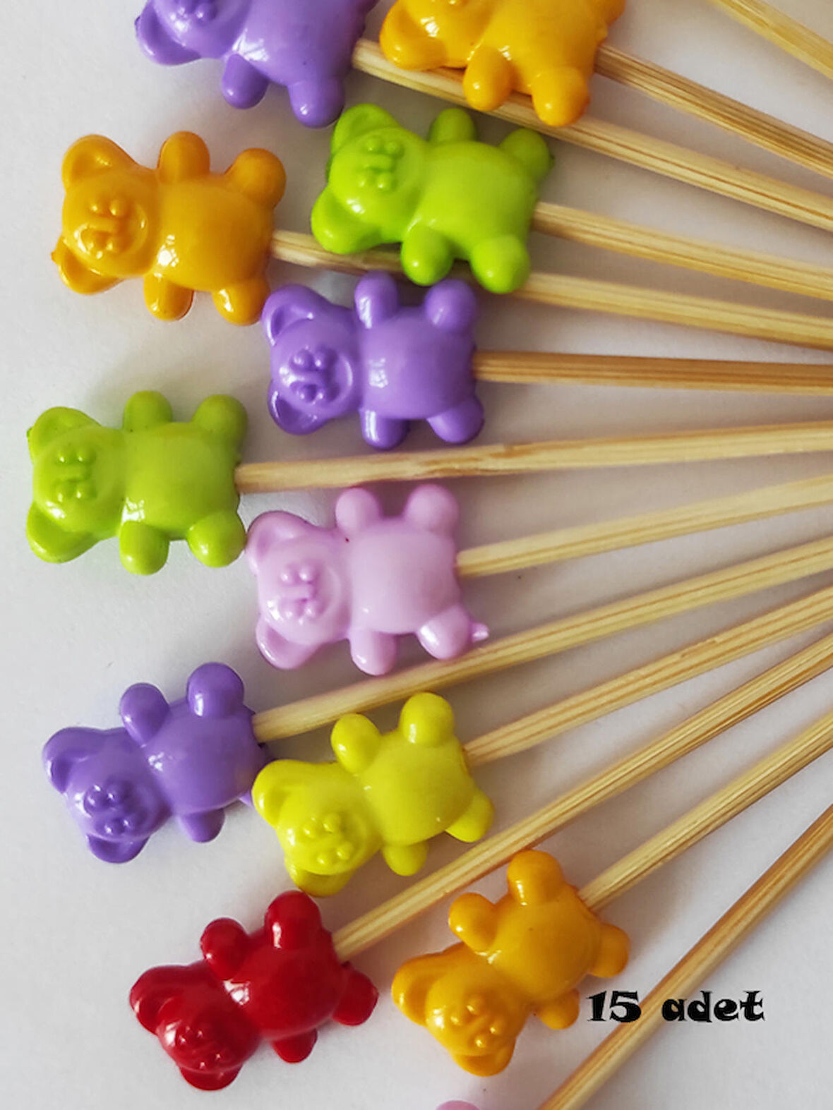 15 Adet Dekoratif Ayıcıklı Pasta Kürdanı 6 cm Karışık Renk - Ayıcık 1,5 x 1,5 cm - Hallowen Kürdan