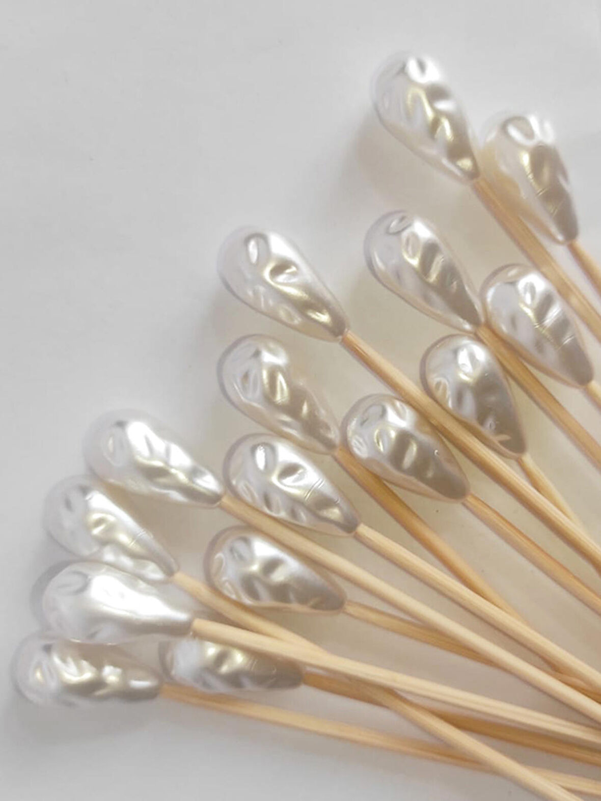 15 cm Uzun Kürdan - 45 Adet Lüx Damla İncili Pasta Kürdanı - İnci 2 cm - Kokteyl Karıştırıcı