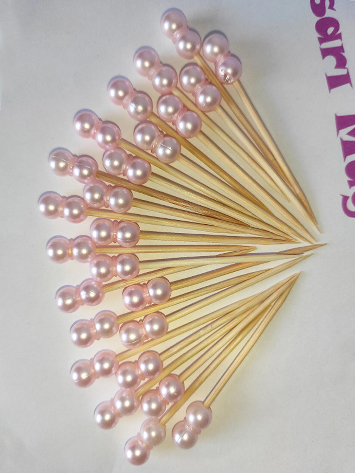 100 Adet Çift İncili Kız Bebek Mevlid Kürdanı 6 cm Bebe Pembesi - İnci 8 mm - İncili Kanepe Kürdanı