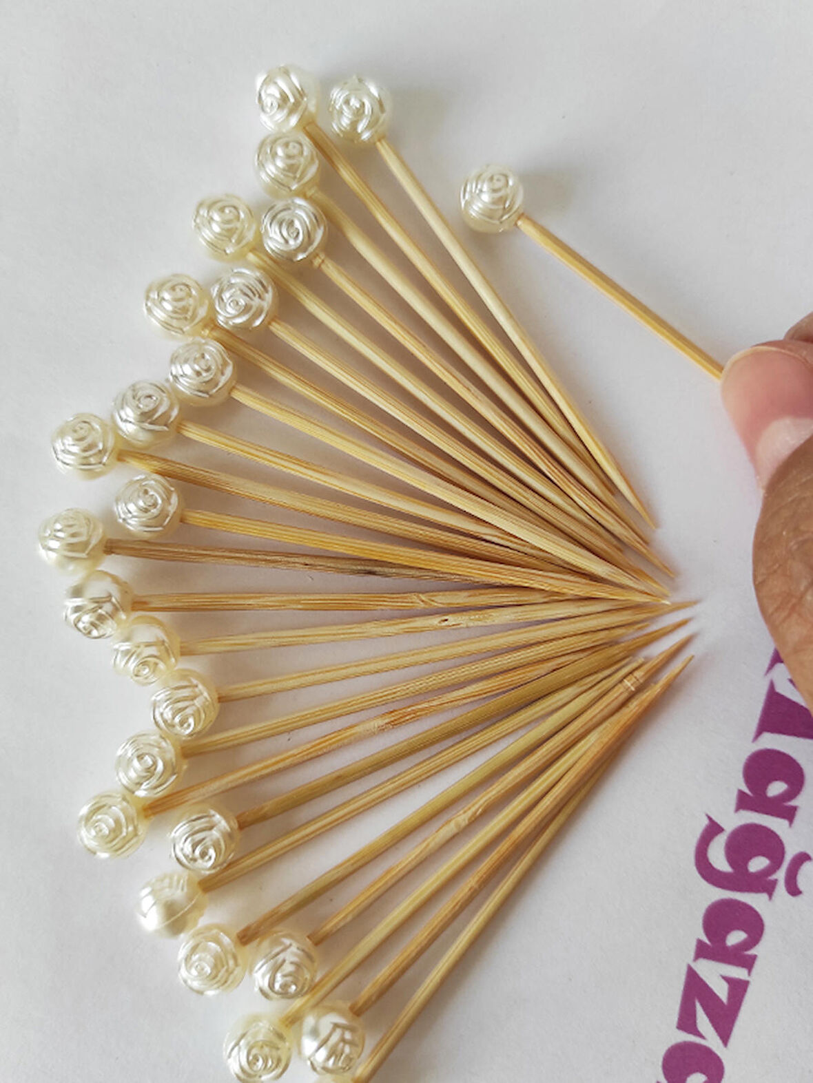 50 Adet Nişan Söz Gül İncili Kürdan - Gül İncili Pasta Kürdanı 6 cm - İnci 8 mm - Mevlid Kürdanı
