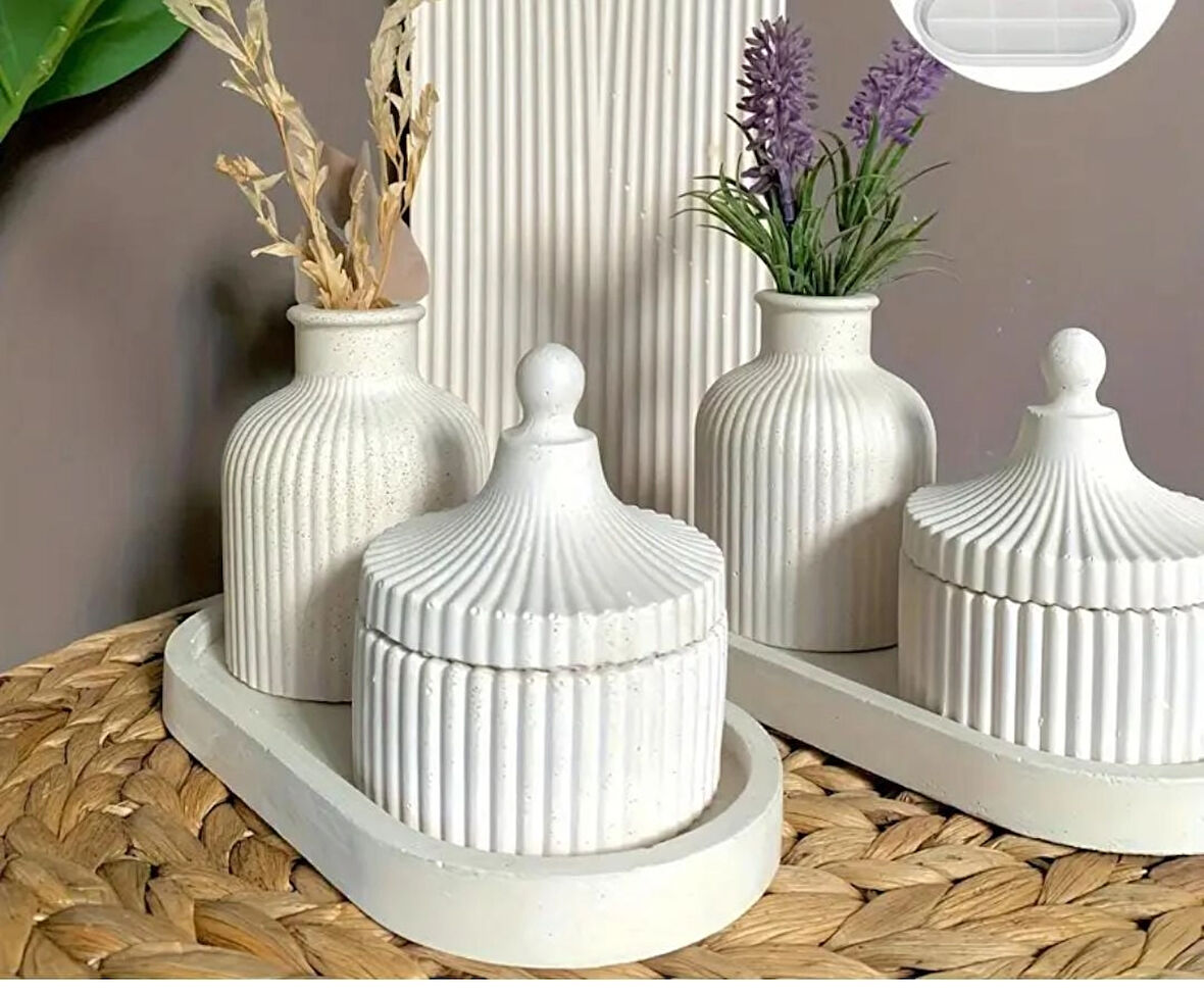 3’lü Dekoratif Set (Tepsi + Kapaklı Mumluk + Vazo)