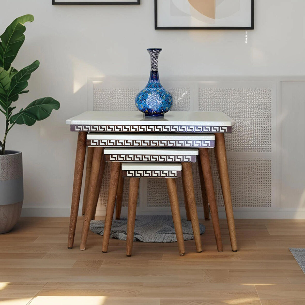 Evmob Evim Mobilya Lüks 1. Sınıf Mdf Oymalı 4’lü Zigon Sehpa Seti – Krem & Ceviz, Modern Tasarım