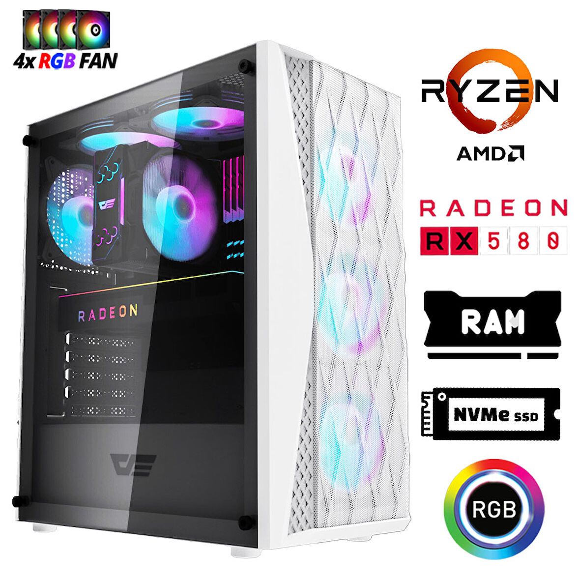 Xaser Xsr1194 Ryzen 5 5500 32GB Ram 1TB M.2 NVMe SSD 8GB RX580 Masaüstü Oyuncu Bilgisayarı