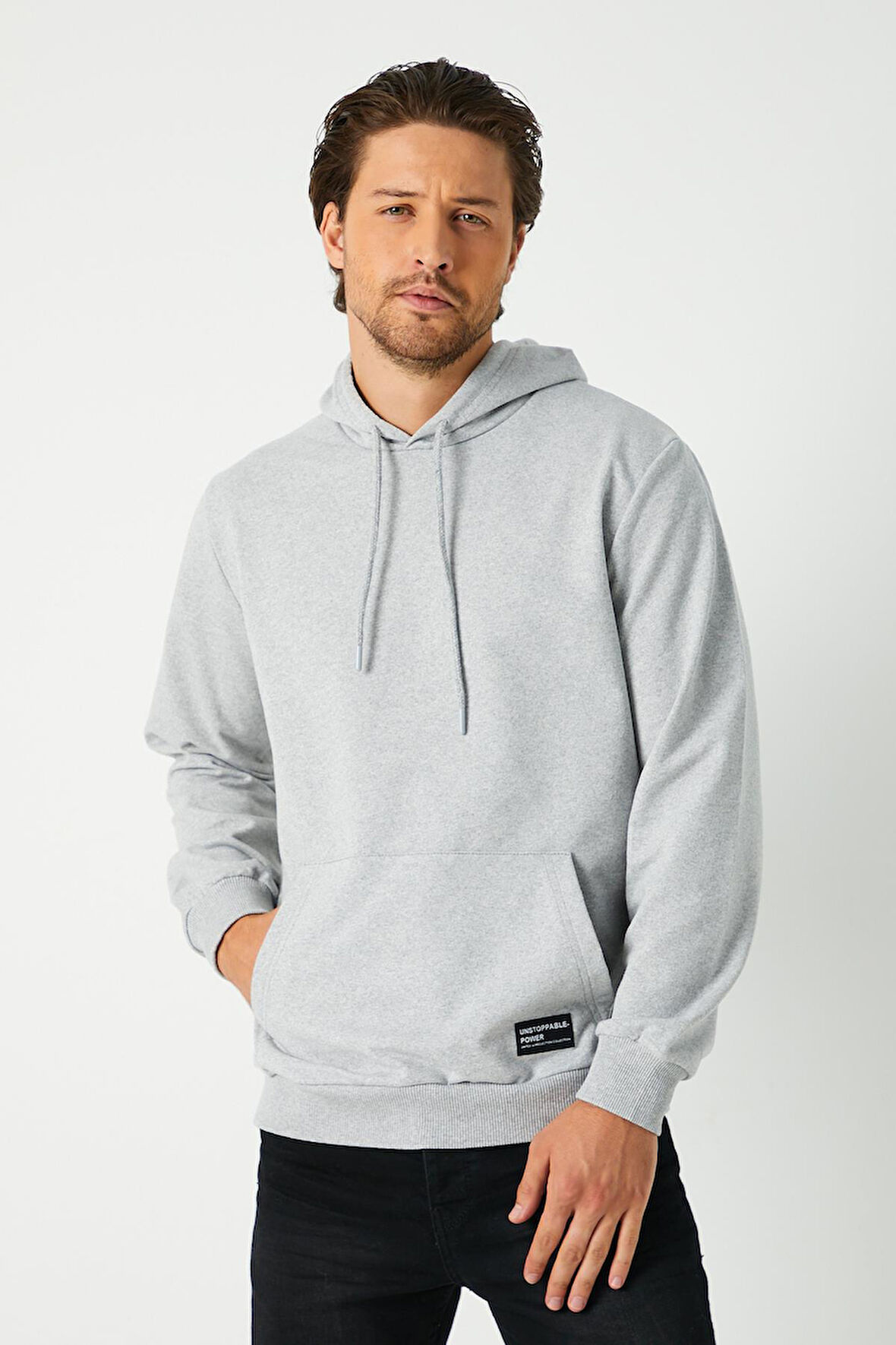 Metalic Gri Erkek Kapüşonlu Kanguru Cepli Sweatshirt 