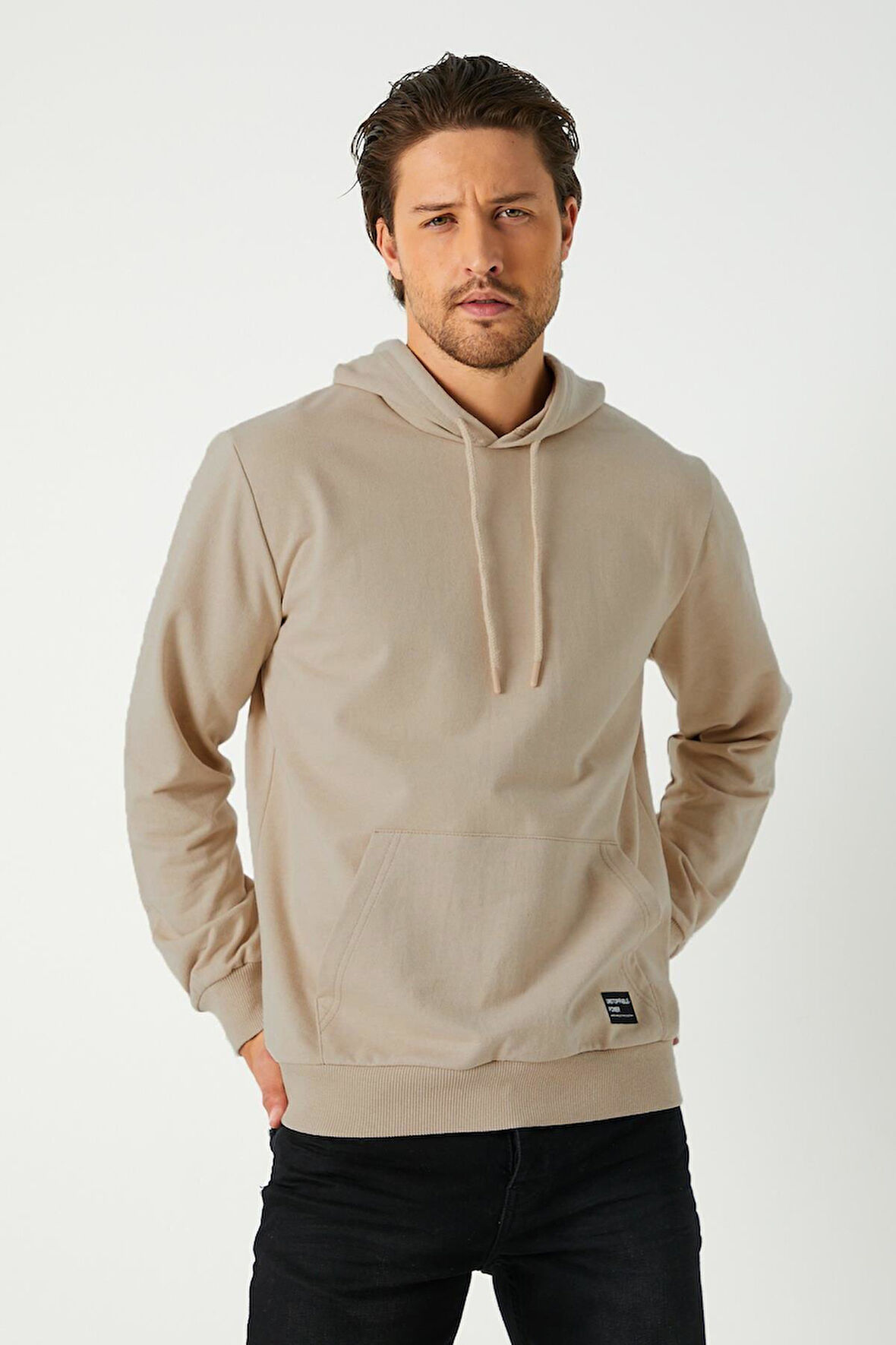 Metalic Bej Erkek Kapüşonlu Kanguru Cepli Sweatshirt 