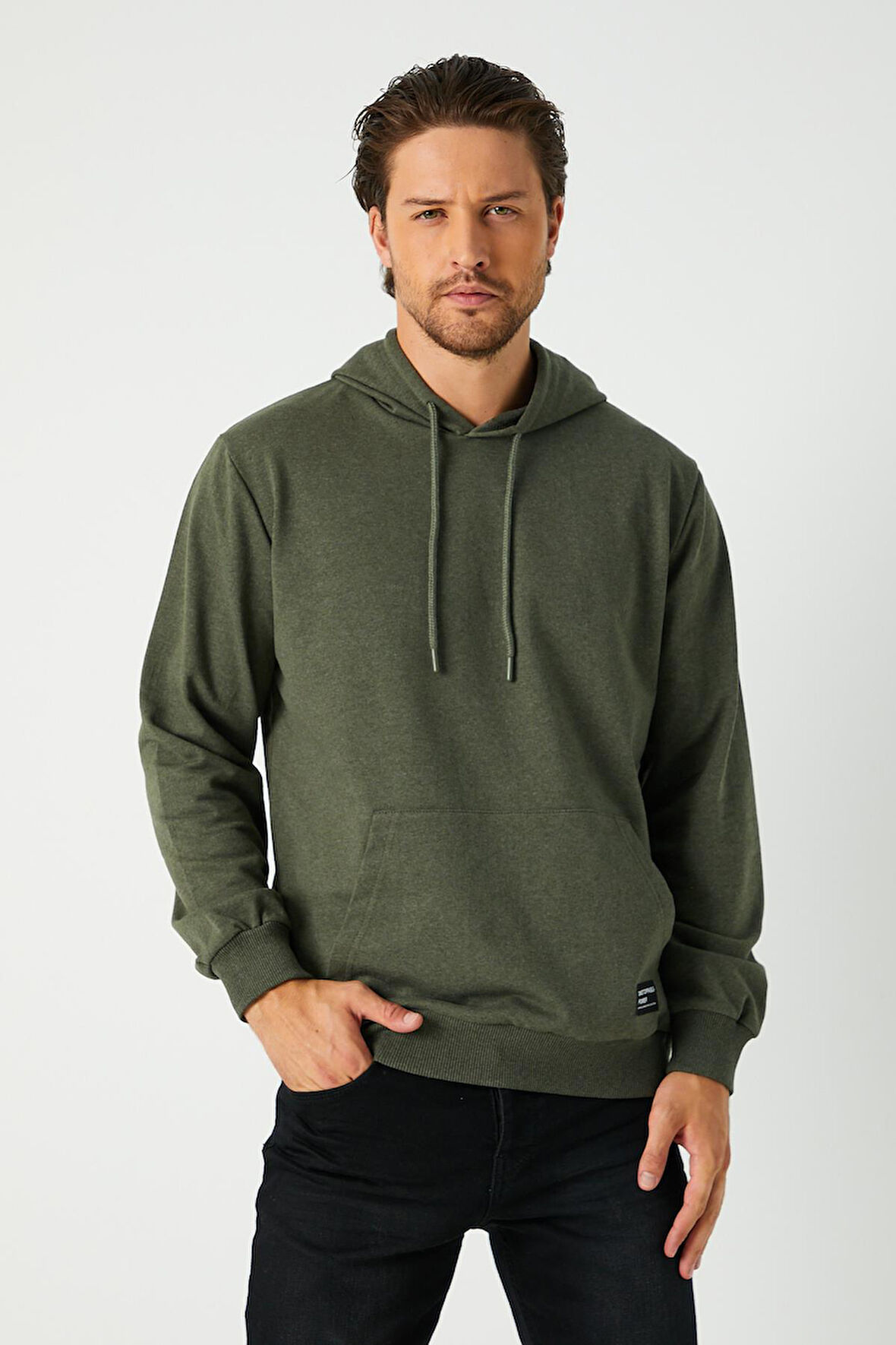 Haki Erkek Kapüşonlu Kanguru Cepli Sweatshirt 