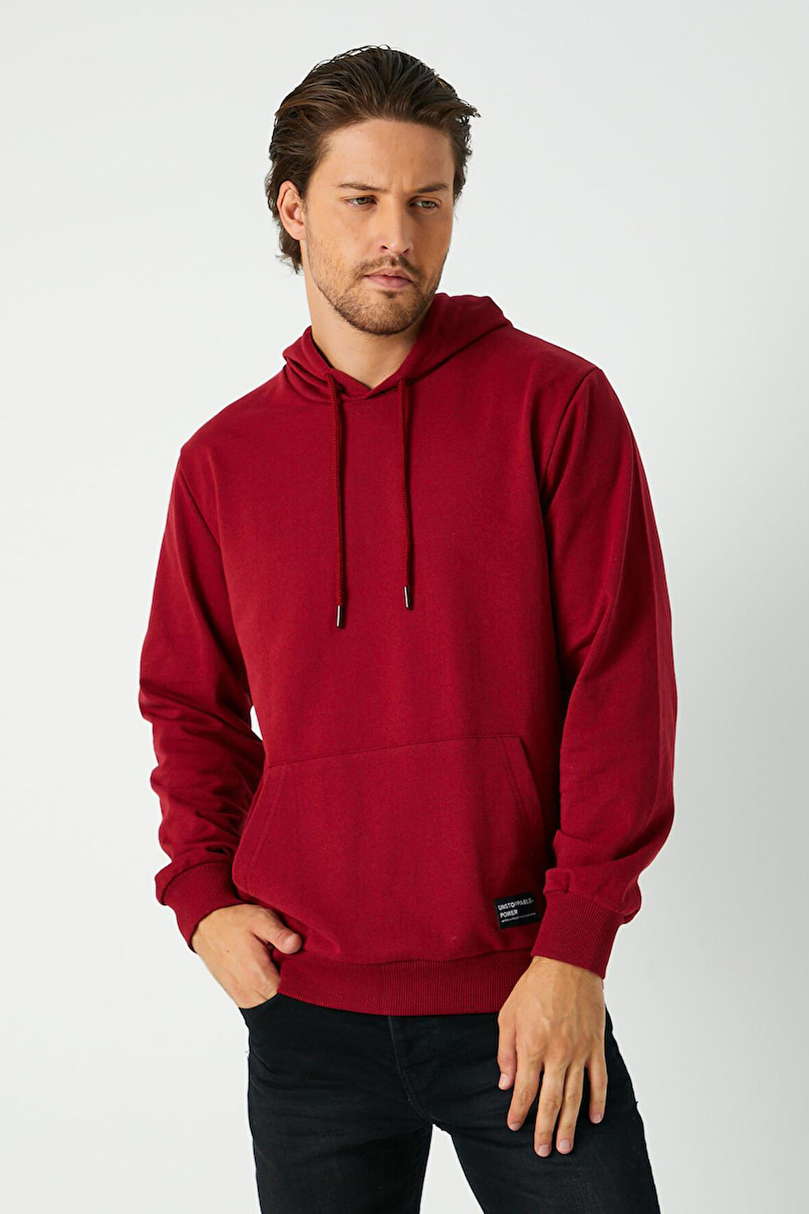 Bordo Erkek Kapüşonlu Kanguru Cepli Sweatshirt 