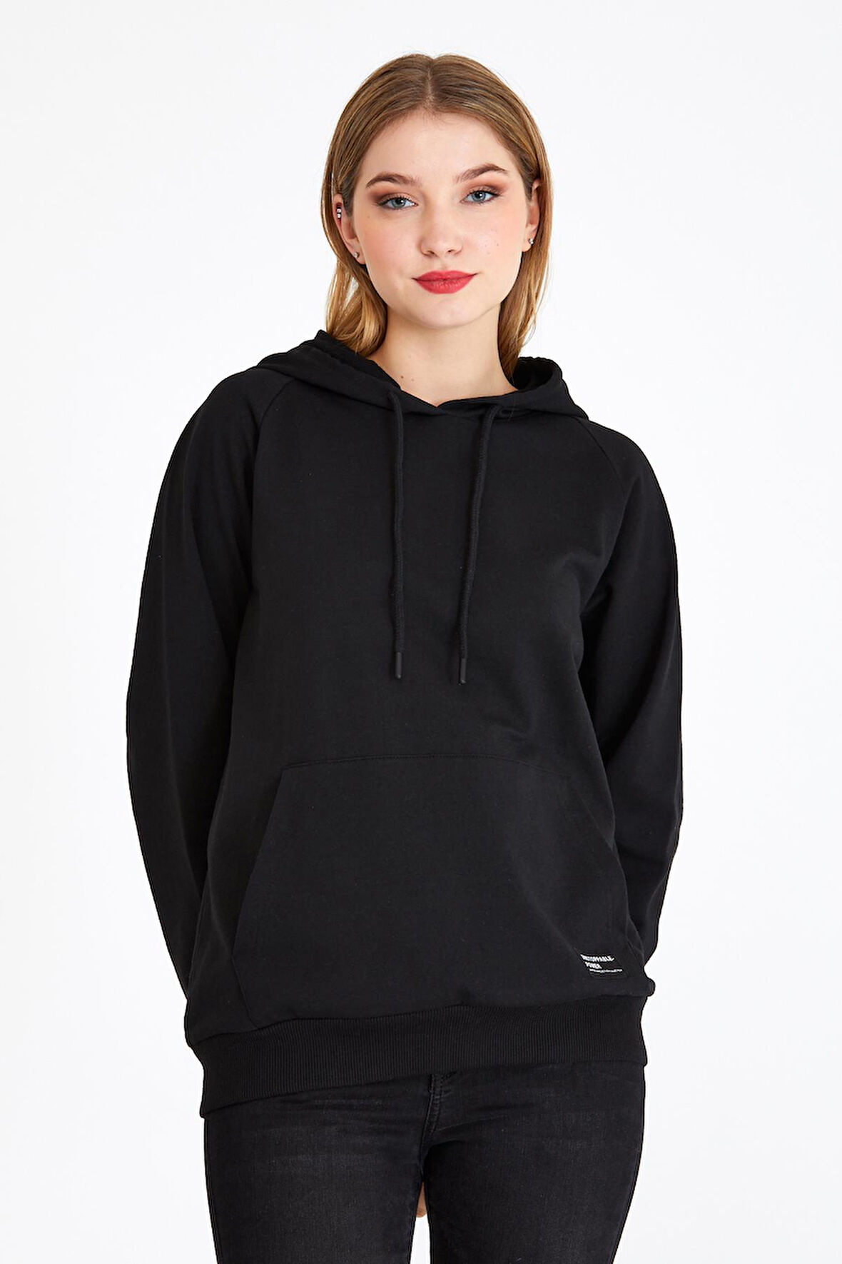 Kadın Siyah Kapüşonlu Basic Örme Sweatshirt 