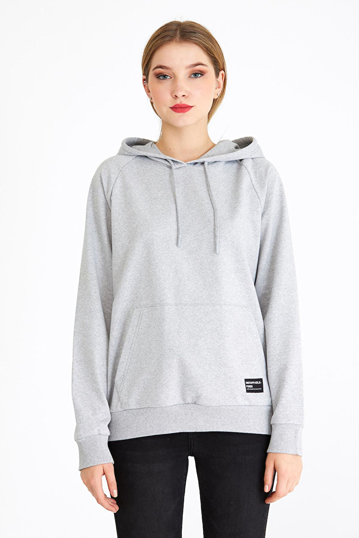 Kadın Gri Renk Kapüşonlu Basic Örme Sweatshirt 