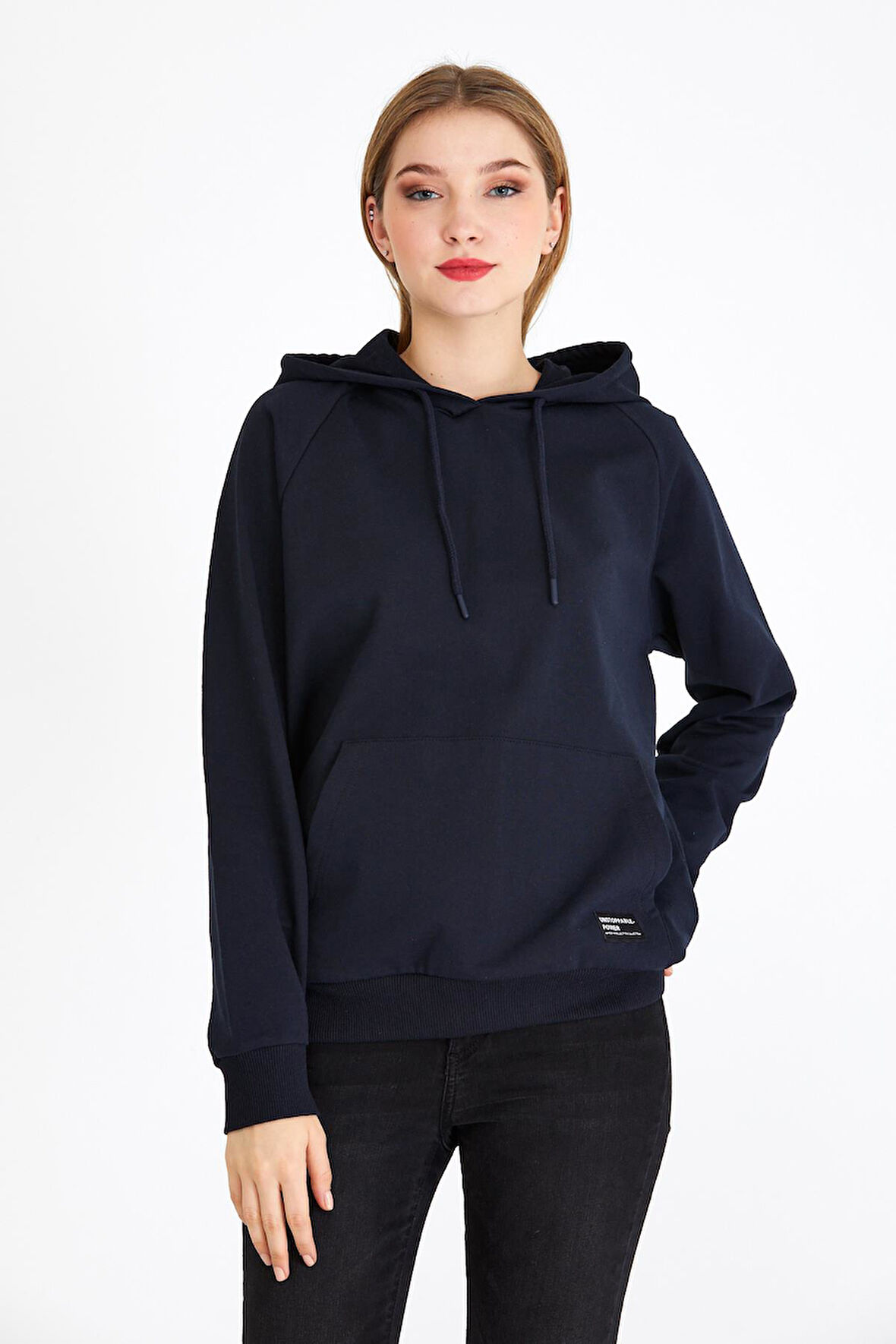 Kadın Lacivert Renk Kapüşonlu Basic Örme Sweatshirt 