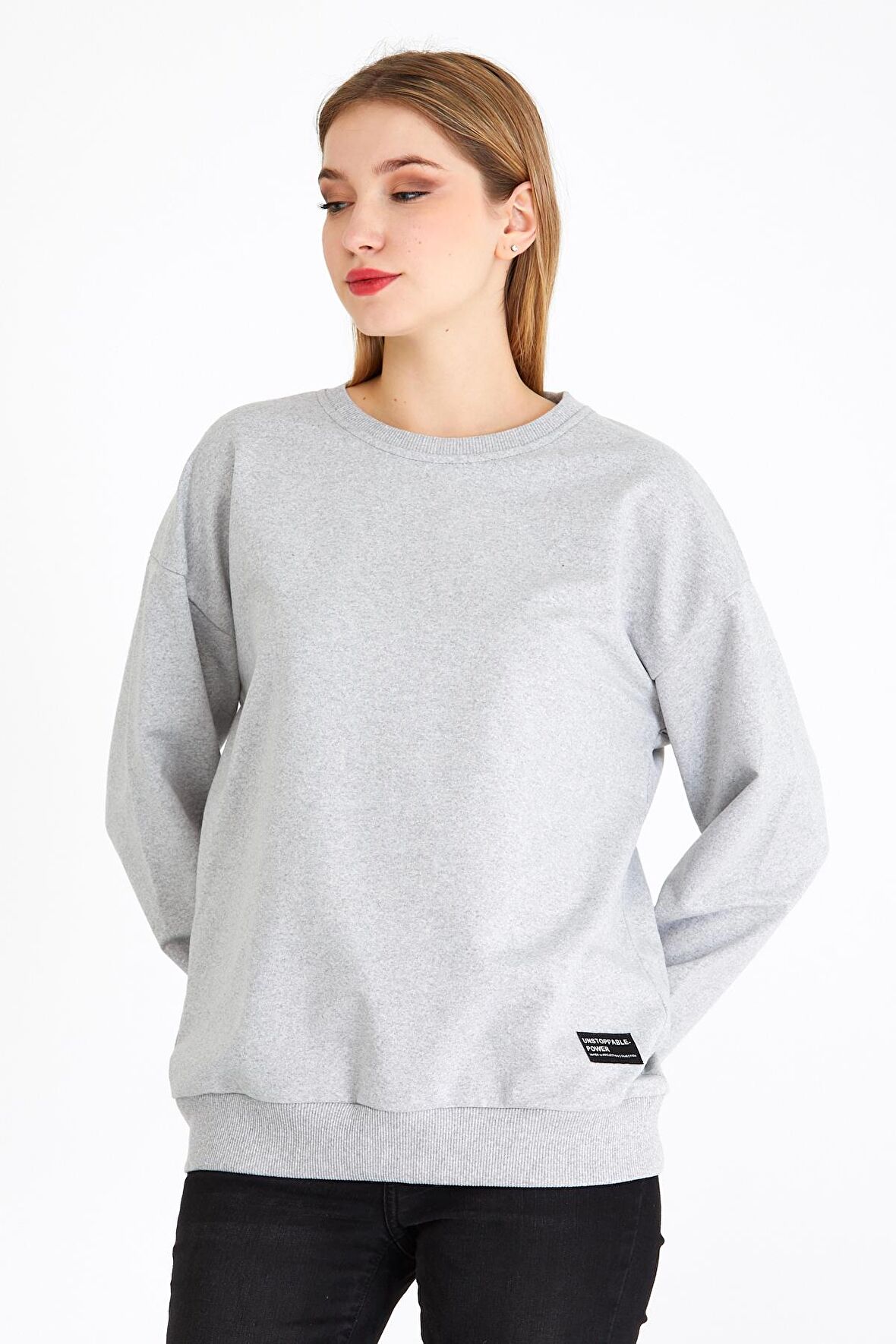 Metalic Kadın Gri Renk Basic Bisiklet Yaka Sweatshirt 