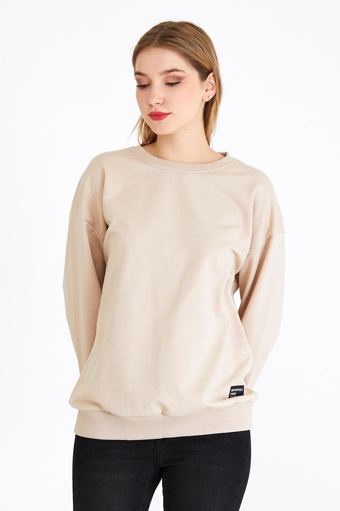 Metalic Kadın Bej Renk Basic Bisiklet Yaka Sweatshirt 