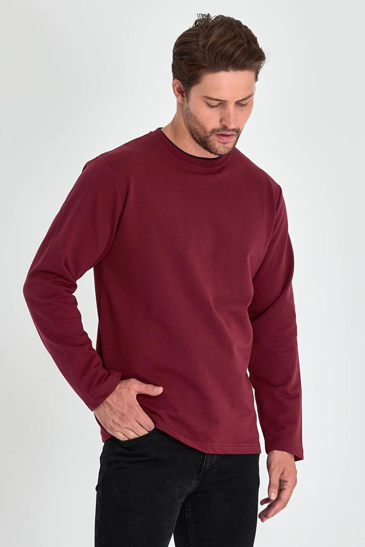 Erkek Bordo Çift Bisiklet Yaka Standart Rahat Kesim Sweatshirt MTLCE68-BORDO