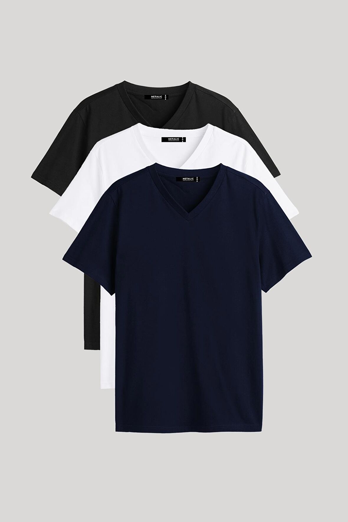 METALIC Erkek Çok Renkli T- Shirt Regular Fit Rahat Kesim V Yaka 3'lü Basic Tişört Paketi