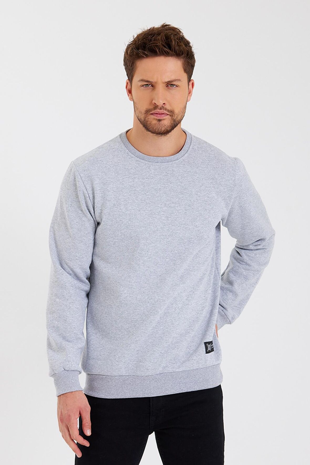 Bisiklet Yaka Etiket Detayı İçi Pamuklu Erkek Sweatshirt
