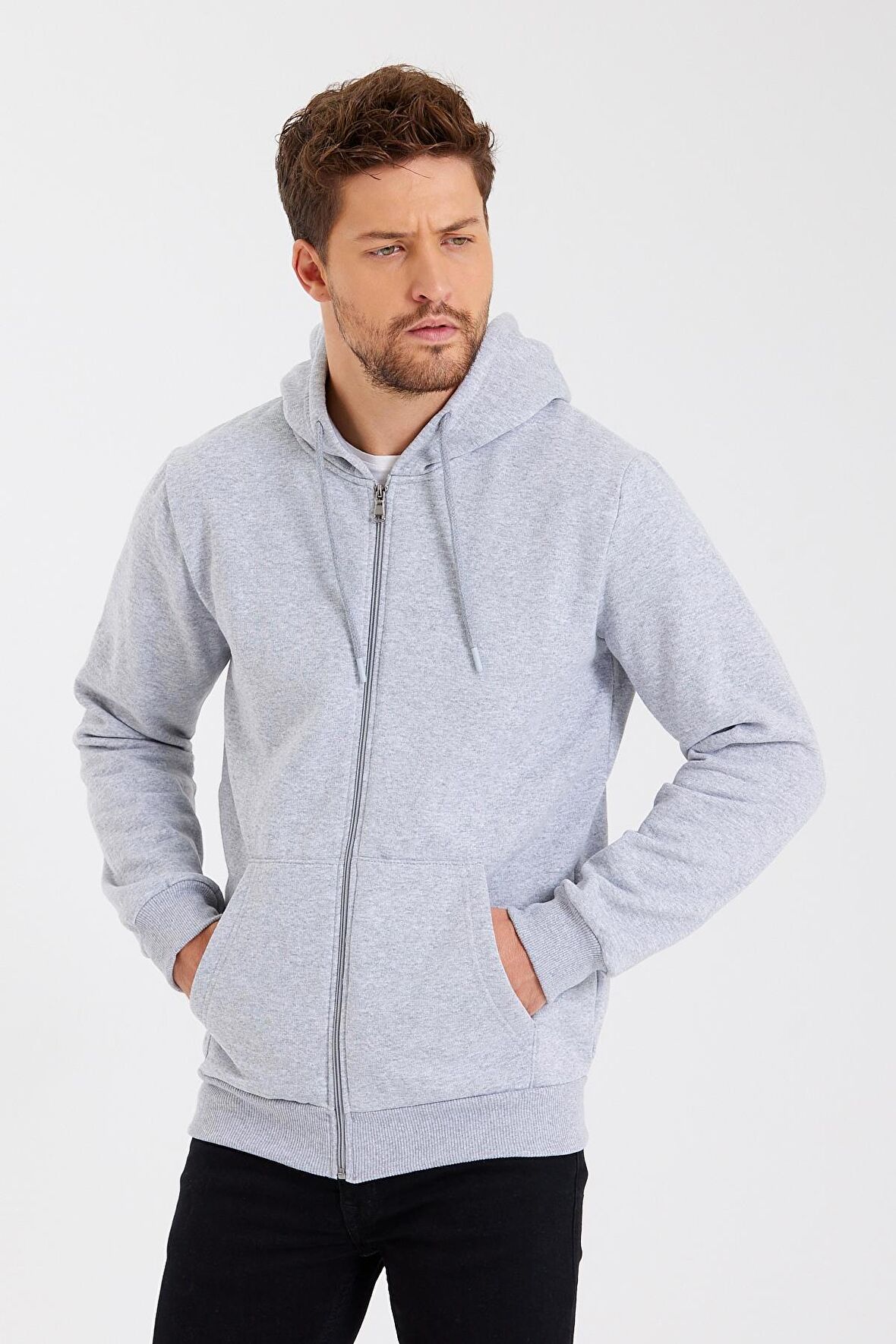 METALIC Siyah Kanguru Cepli Kapüşonlu Fermuarlı İçi Pamuklu Erkek Sweatshirt