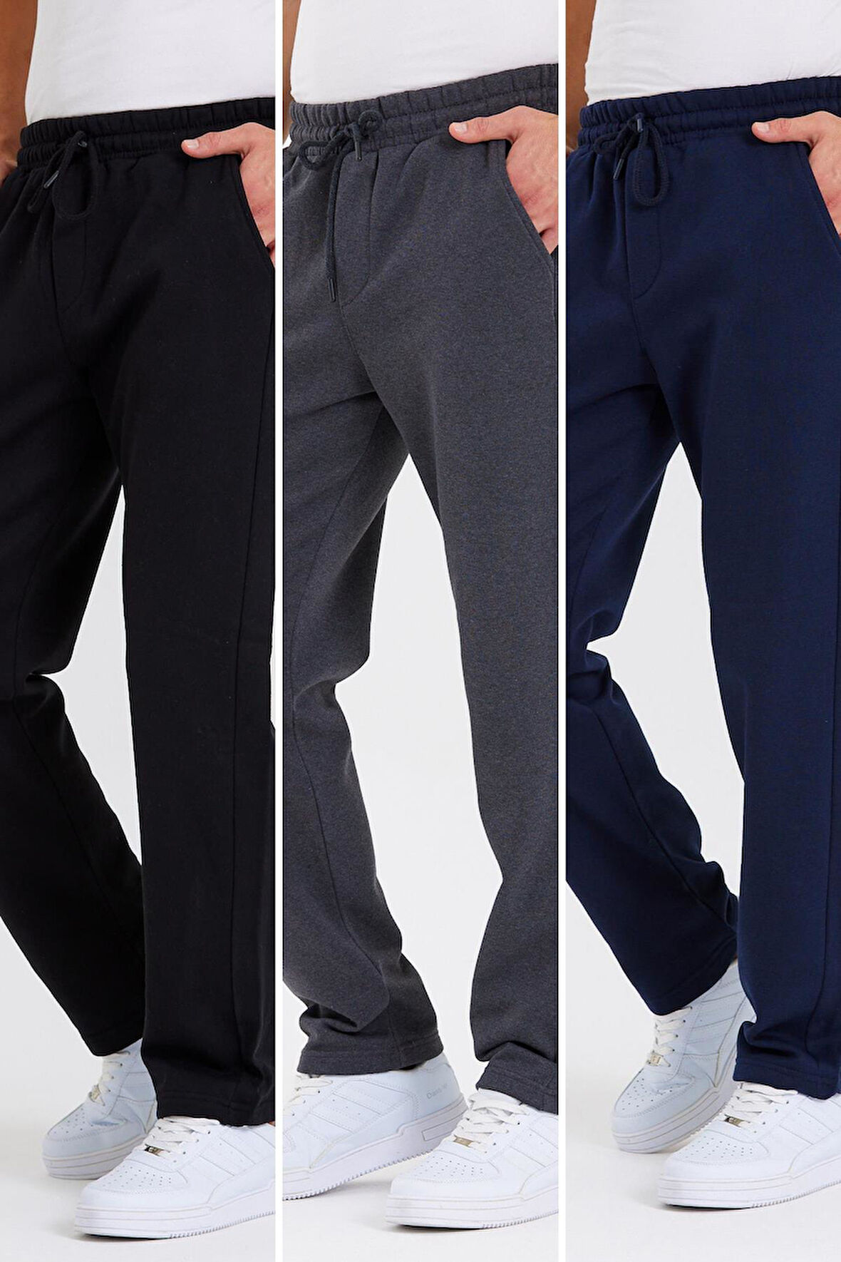 Siyah-Antrasit-Lacivert Arka Cepli Etiket Detaylı Düz Paça Erkek Içi Pamuklu 3lü Eşofman Altı Paketi