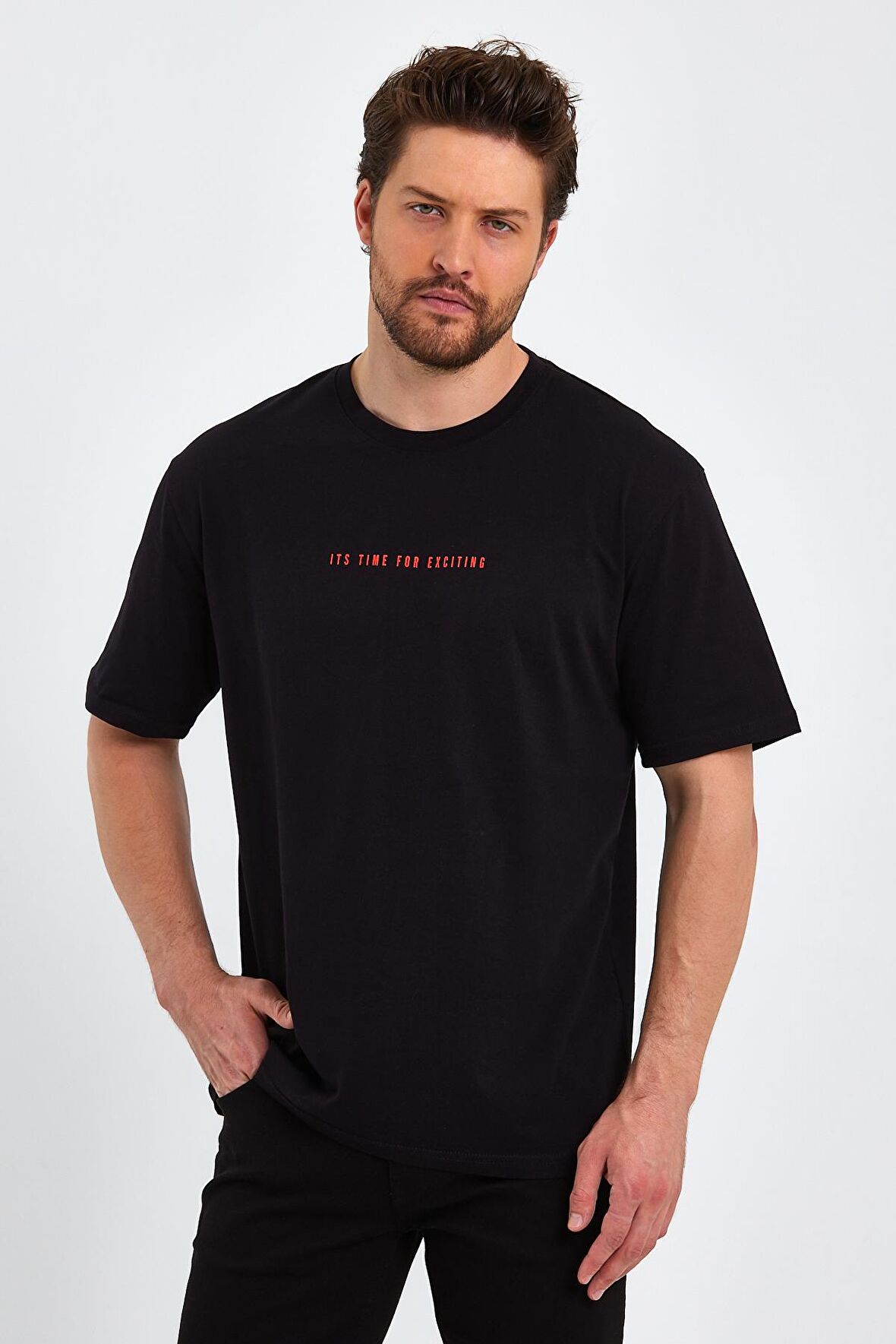  Erkek Beyaz Baskılı Basic Oversize Bisiklet Yaka Kısa Kollu T-shirt 