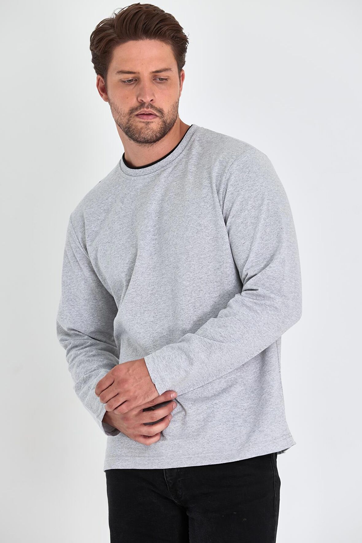 Erkek Gri Çift Bisiklet Yaka Standart Rahat Kesim Sweatshirt