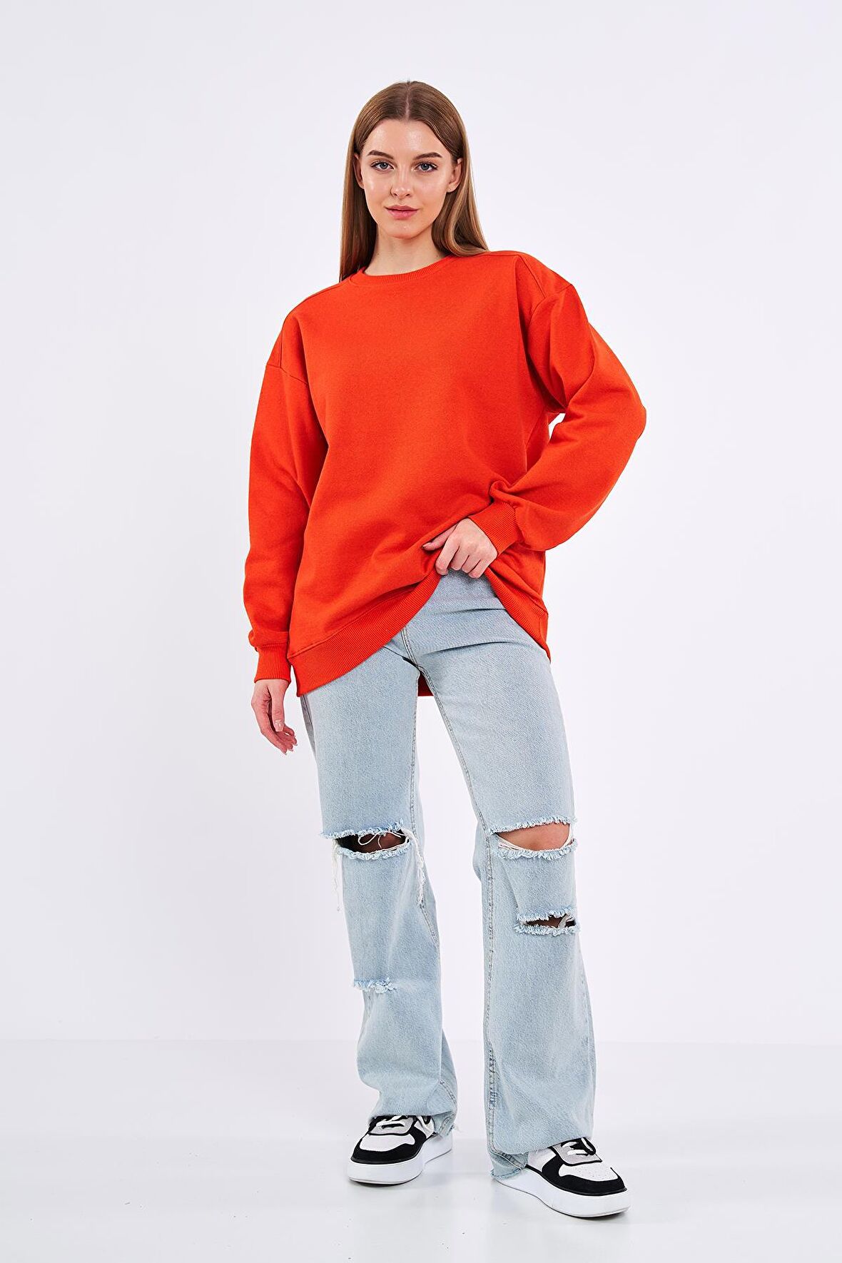 Turuncu Kadın Pamuklu Oversize Basic Bisiklet Yaka Sweatshirt