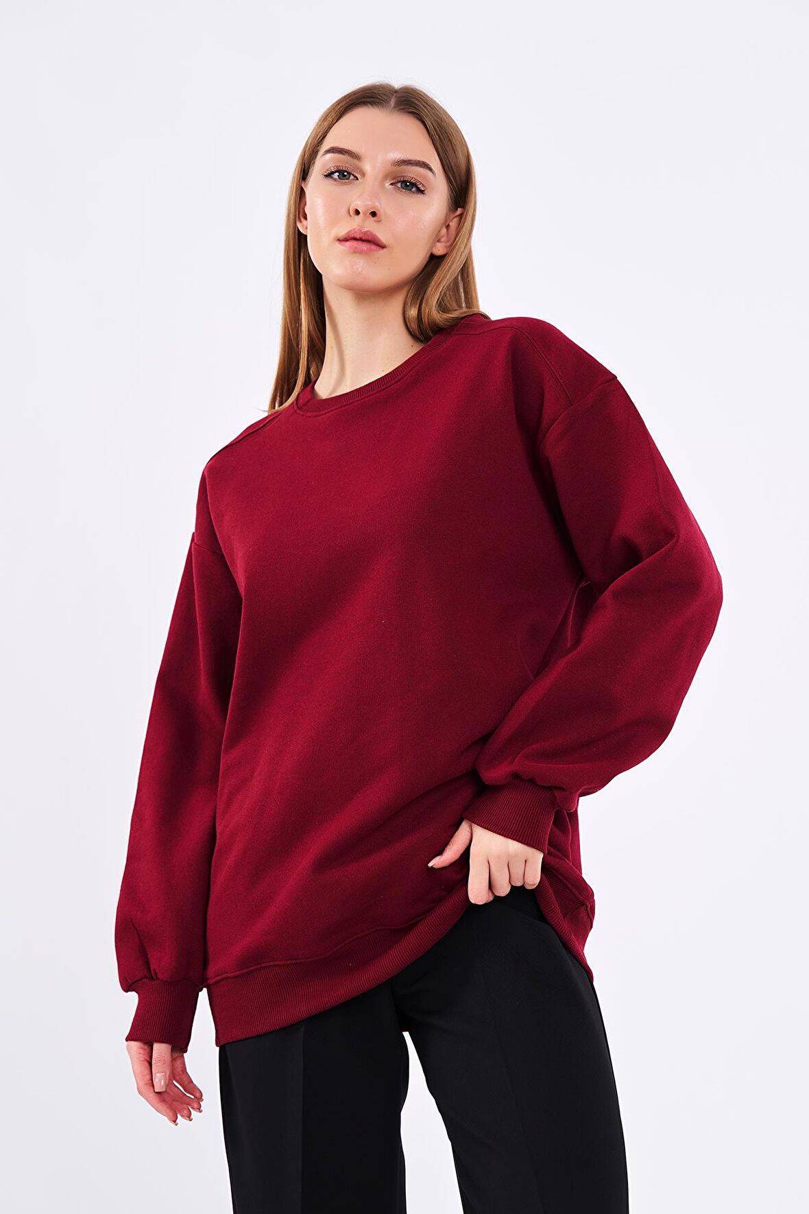 Bordo Kadın Pamuklu Oversize Basic Bisiklet Yaka Sweatshirt