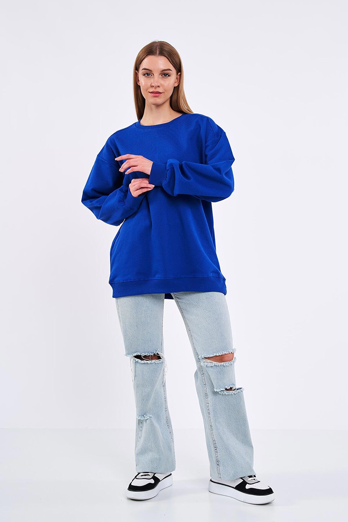 Saks Kadın Pamuklu Oversize Basic Bisiklet Yaka  Sweatshirt