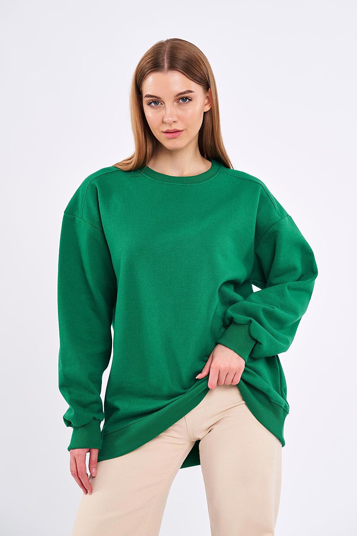 Yeşil Kadın Pamuklu Oversize Basic Bisiklet Yaka Sweatshirt