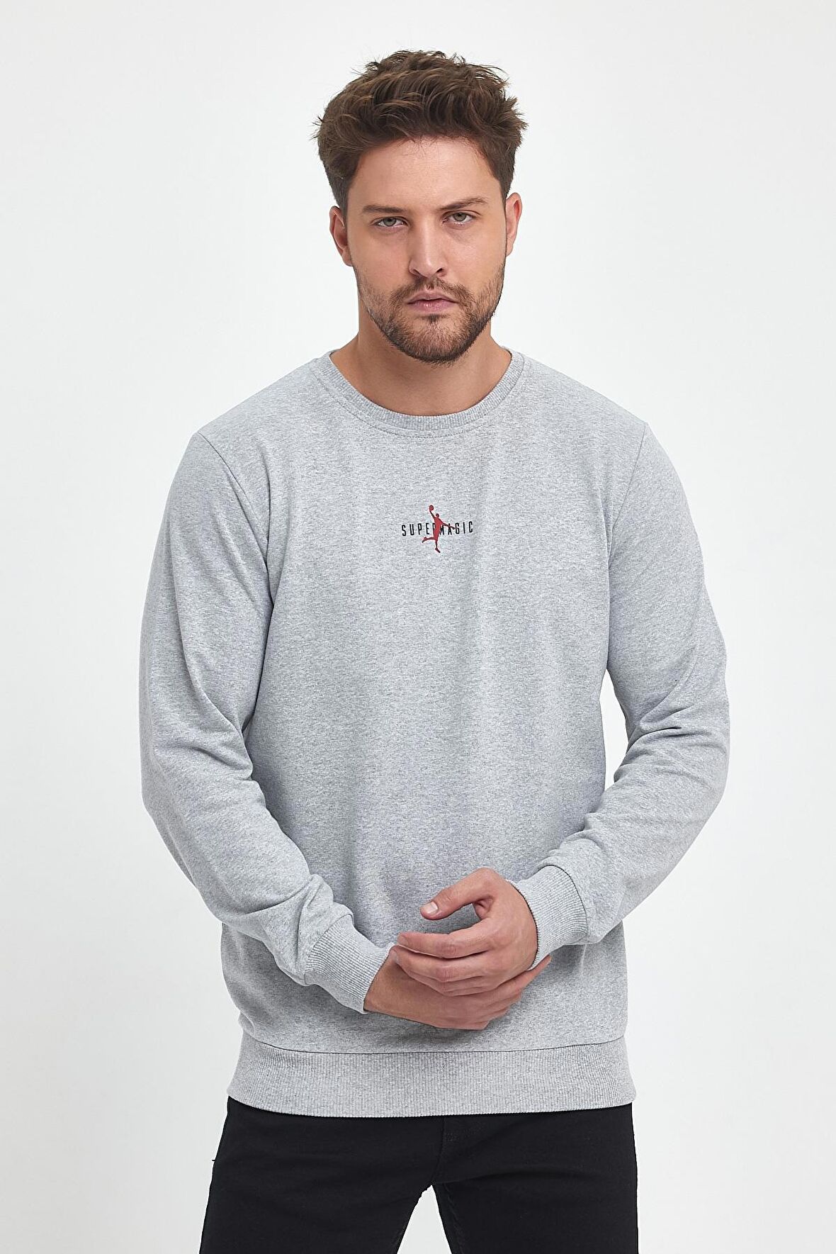 Gri Erkek Supermagic Göğüs Baskılı Basic Sweatshirt