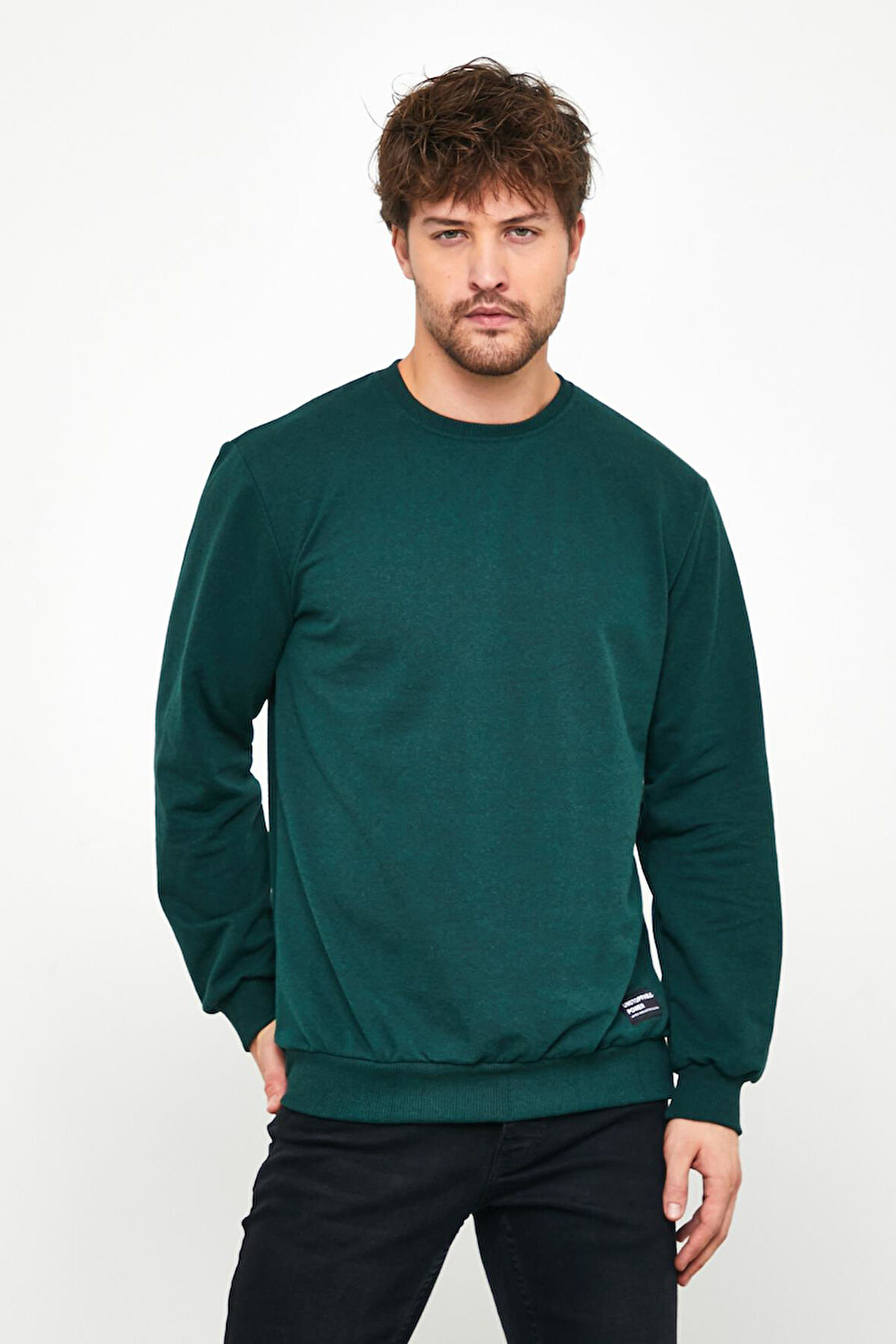 Erkek Koyu Yeşil Basic Bisiklet Yaka Regular Fit Normal Kesim 2 İplik Sweatshirt