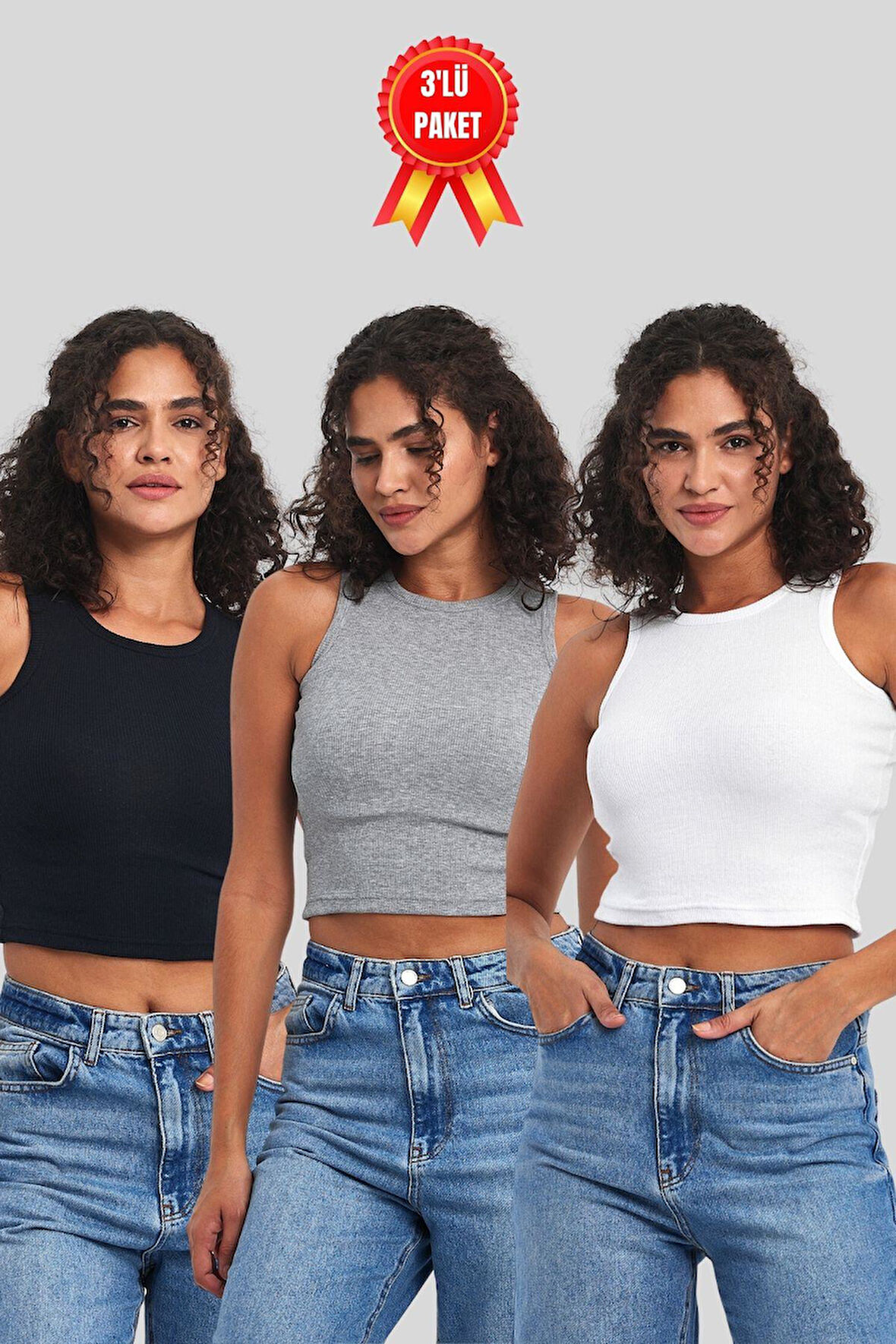 Kadın Siyah-Gri-Beyaz Fitilli Görünümlü Askılı Kalın Esnek Örme 3'lü Basic Crop Atlet