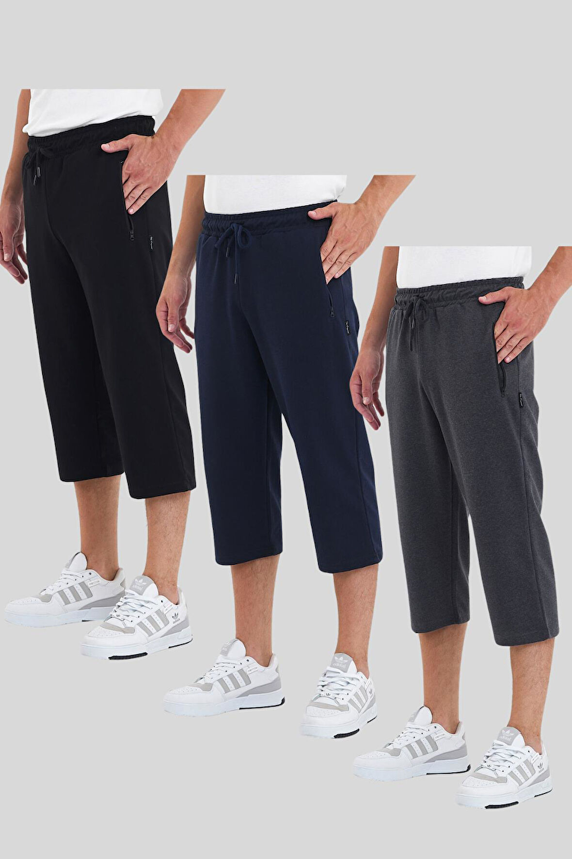 Erkek 3'Lü Cepleri Fermuarlı Bermuda Diz Altı Kapri Beli Ayarlanabilir Lastikli Uzun Şort CMRE94