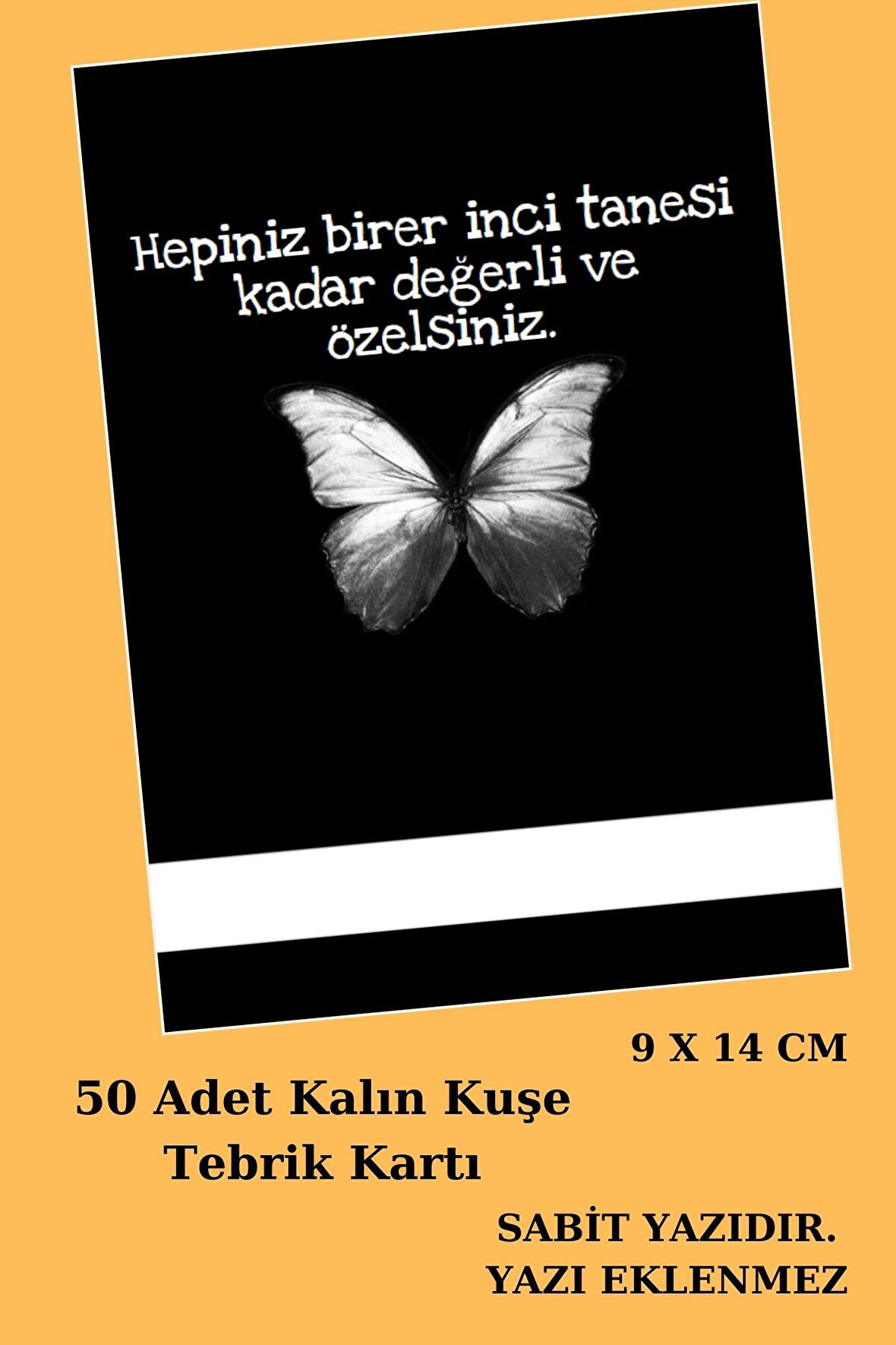 Siyah Kelebek | 50 Adet Hazır Tebrik Teşekkür Kartı - Kına Kartı - Makrome Kartı - SABİT YAZI 9x14cm