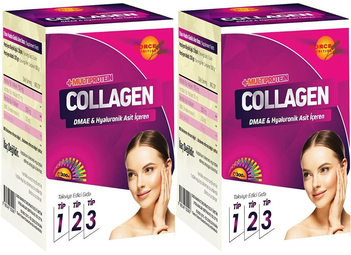 Powder Collagen 2x300 Gr Type 1-2-3 Dmae Hyarunonic Acid Toz Kolajen Tip 1-2-3