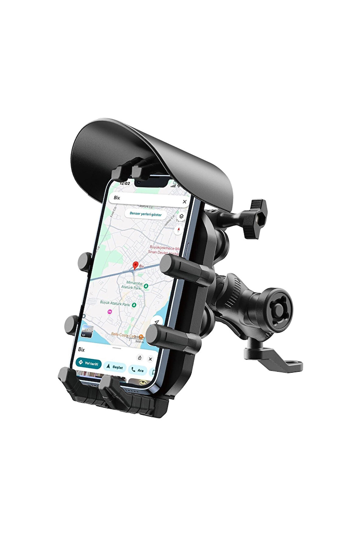 Ayna Bağlantılı Güneş Ve Yağmur Korumalı 360° Derece Ayarlanabilir Motosiklet Telefon Tutucu