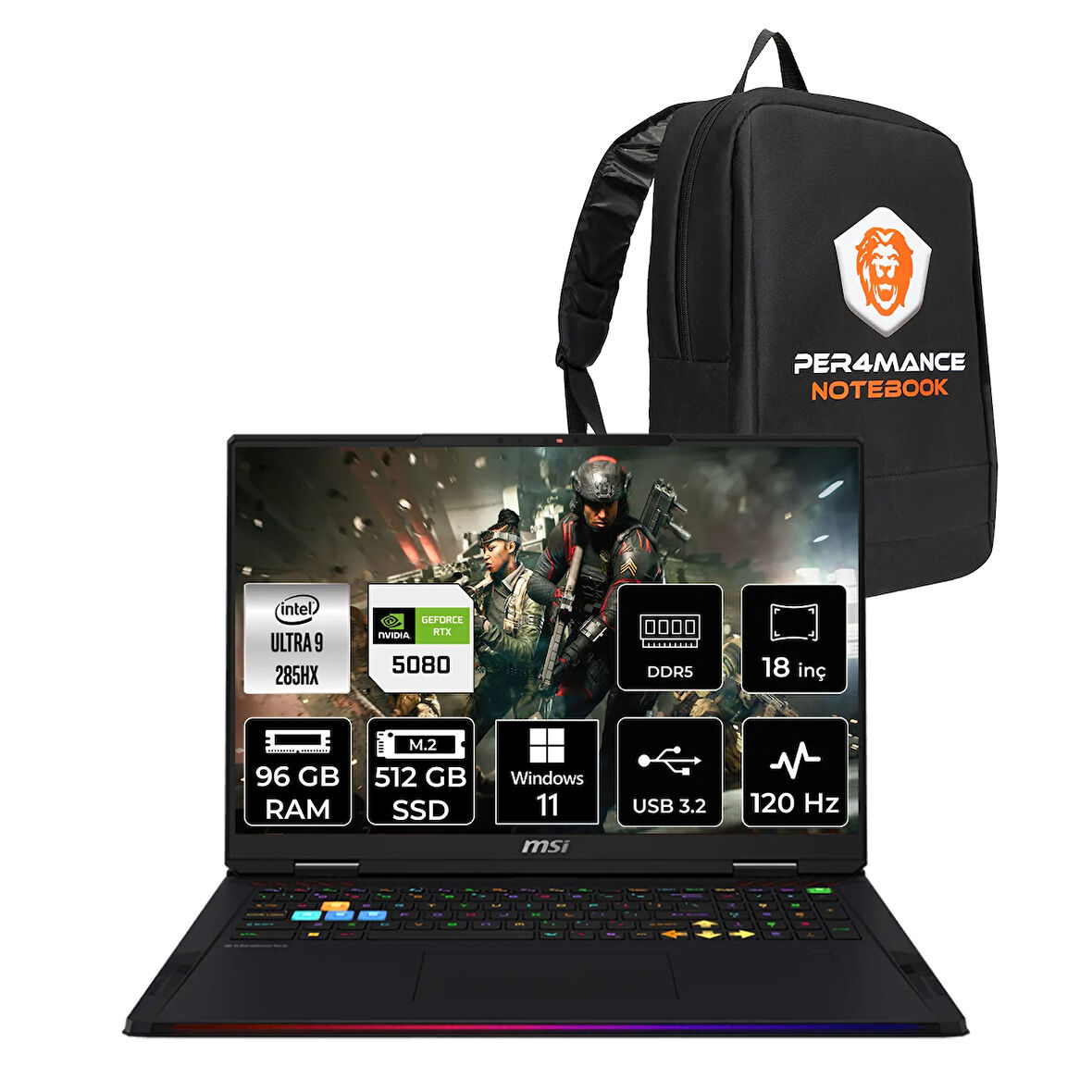 MSI Raider 18 HX AI Ultra 9 285HX 96GB 512GB SSD RTX5080/16GB 175W 18'' UHD+ W11H Gaming Laptop